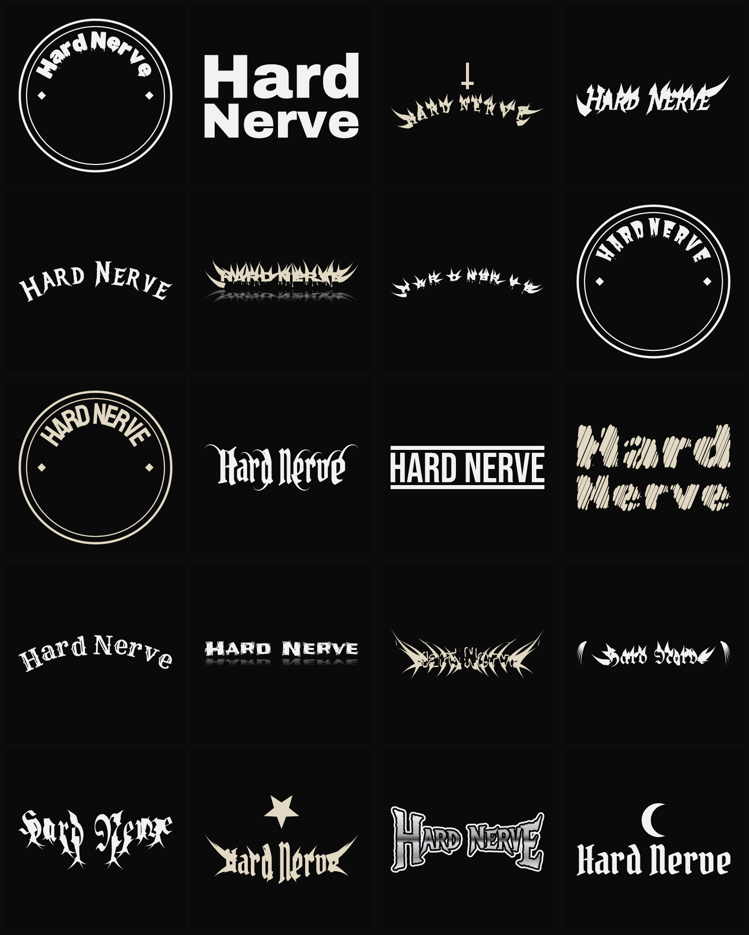 Twenty Hard Nerve band logo ideas — different faces, treatments and spike settings