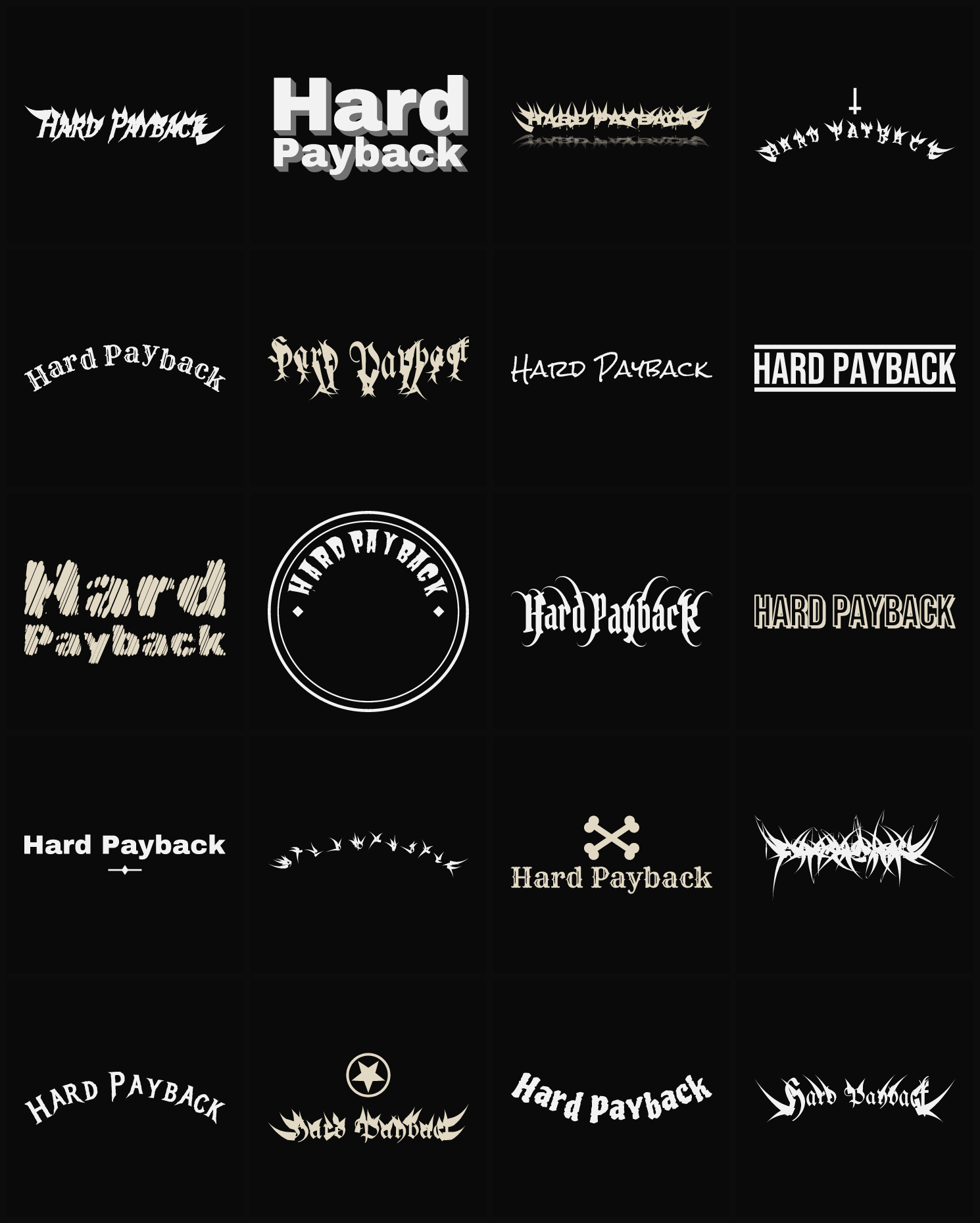 Twenty Hard Payback band logo ideas — different faces, treatments and spike settings