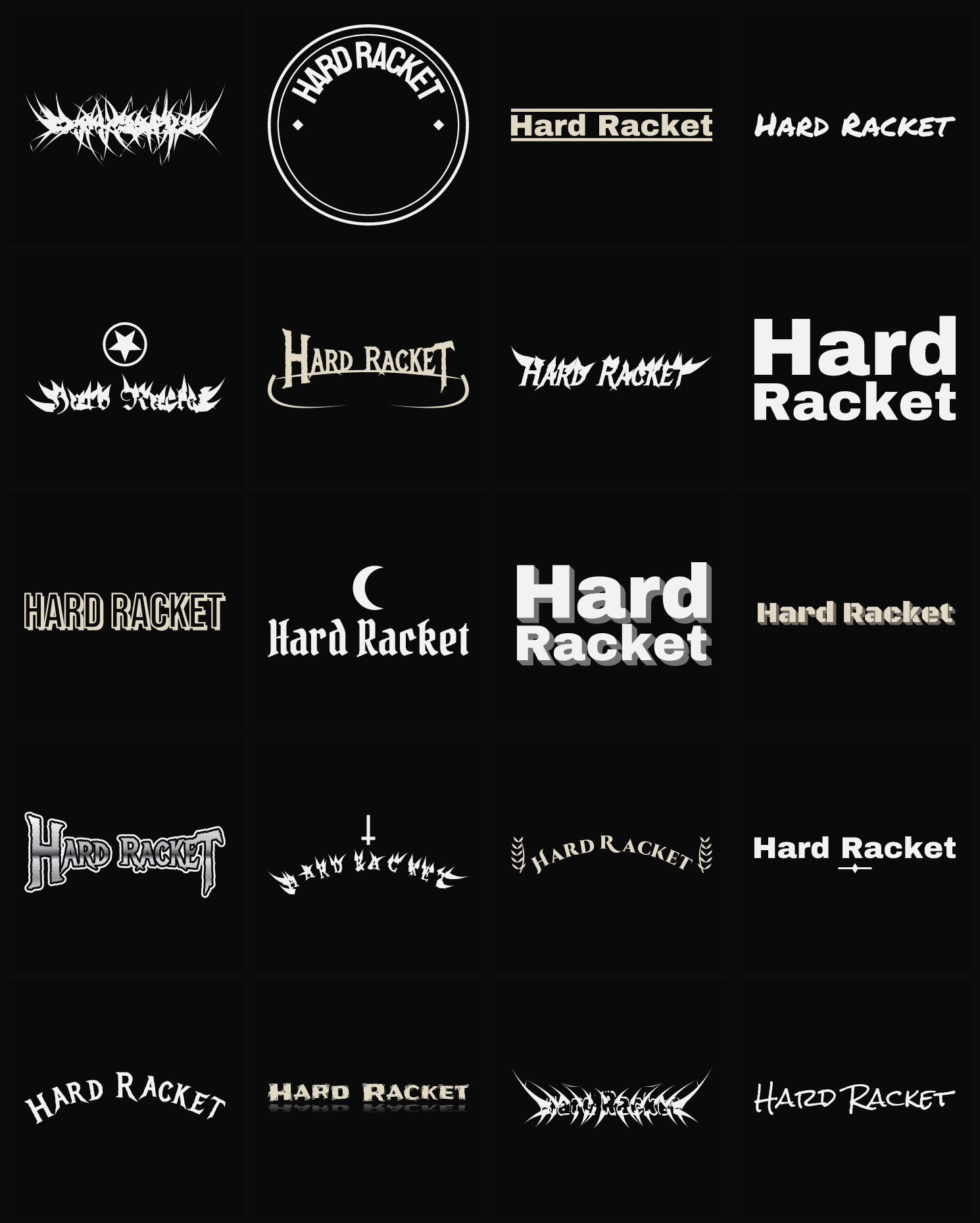 Twenty Hard Racket band logo ideas — different faces, treatments and spike settings