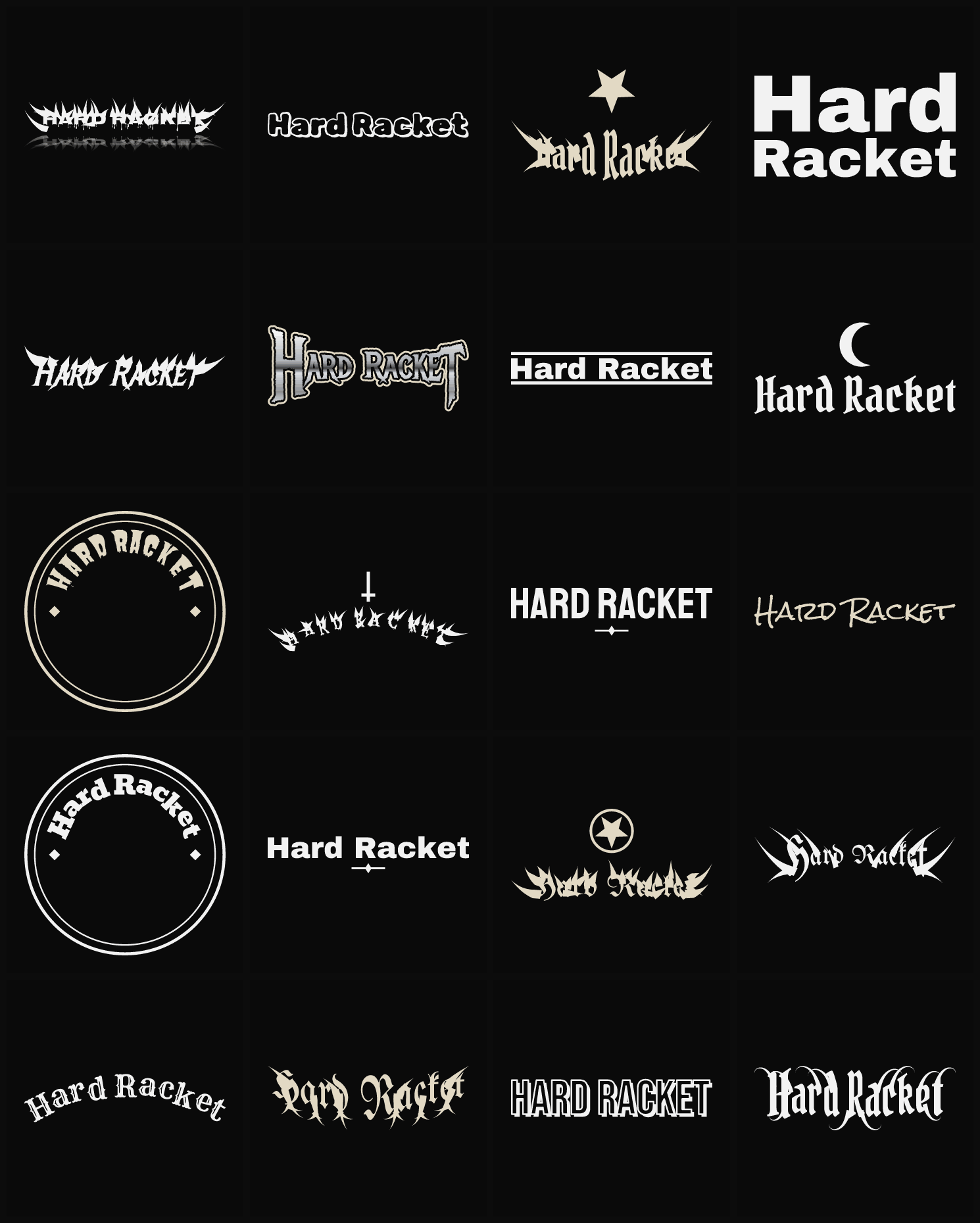Twenty Hard Racket band logo ideas — different faces, treatments and spike settings