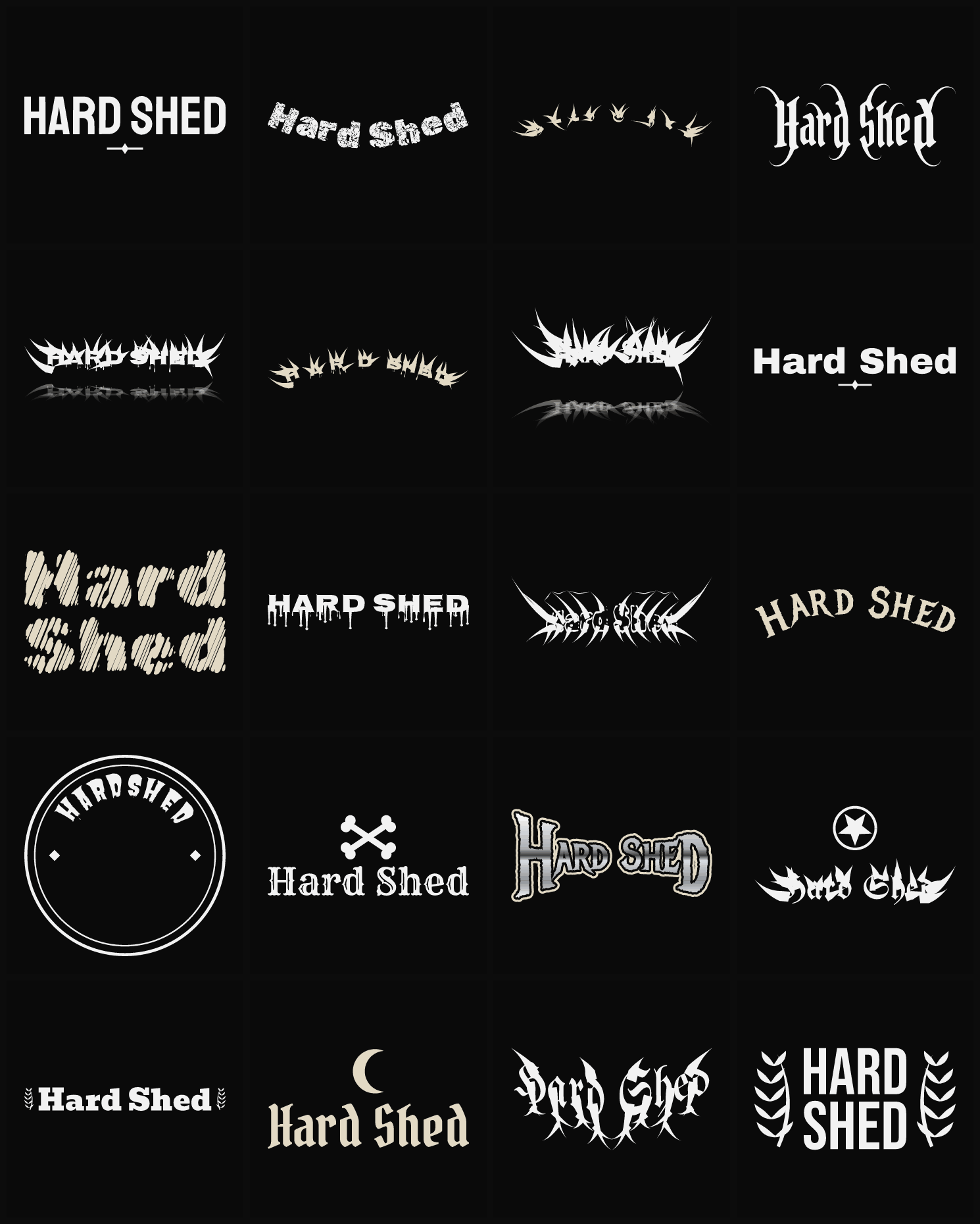 Twenty Hard Shed band logo ideas — different faces, treatments and spike settings