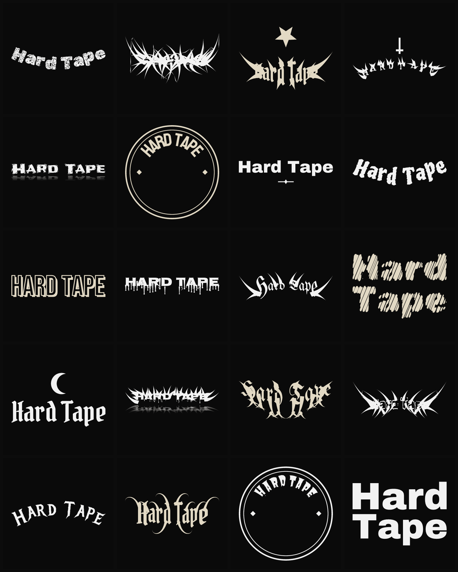 Twenty Hard Tape band logo ideas — different faces, treatments and spike settings