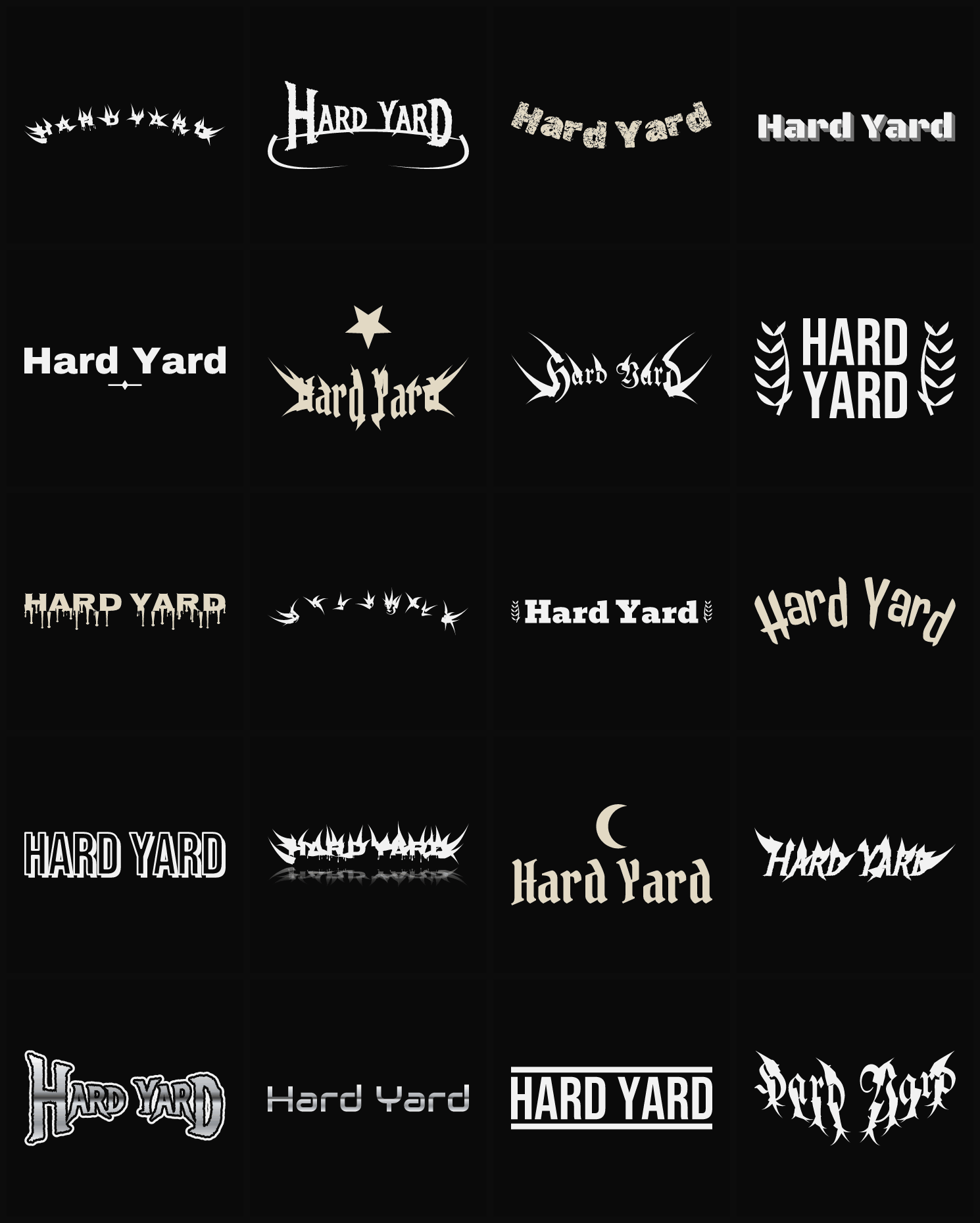Twenty Hard Yard band logo ideas — different faces, treatments and spike settings