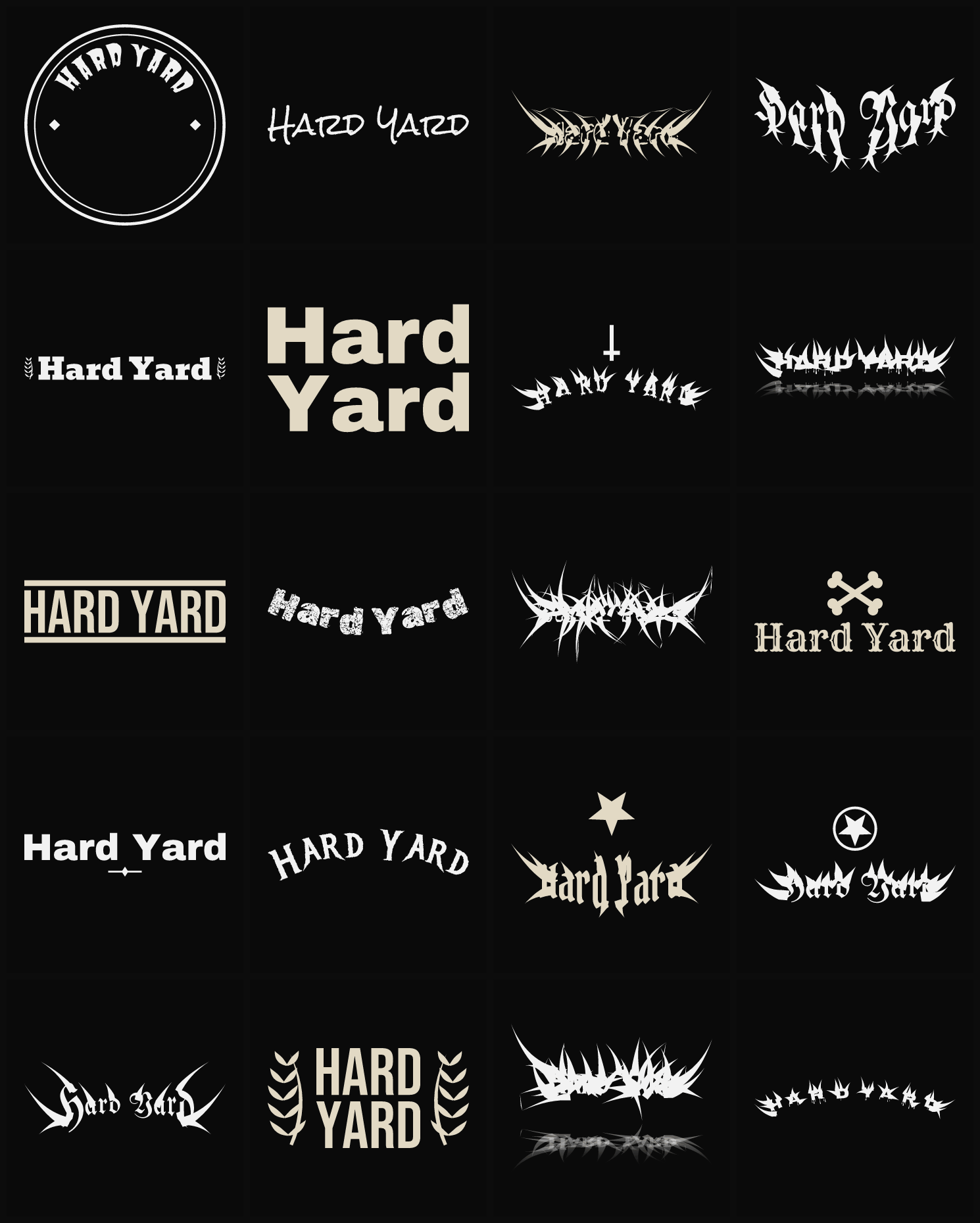 Twenty Hard Yard band logo ideas — different faces, treatments and spike settings