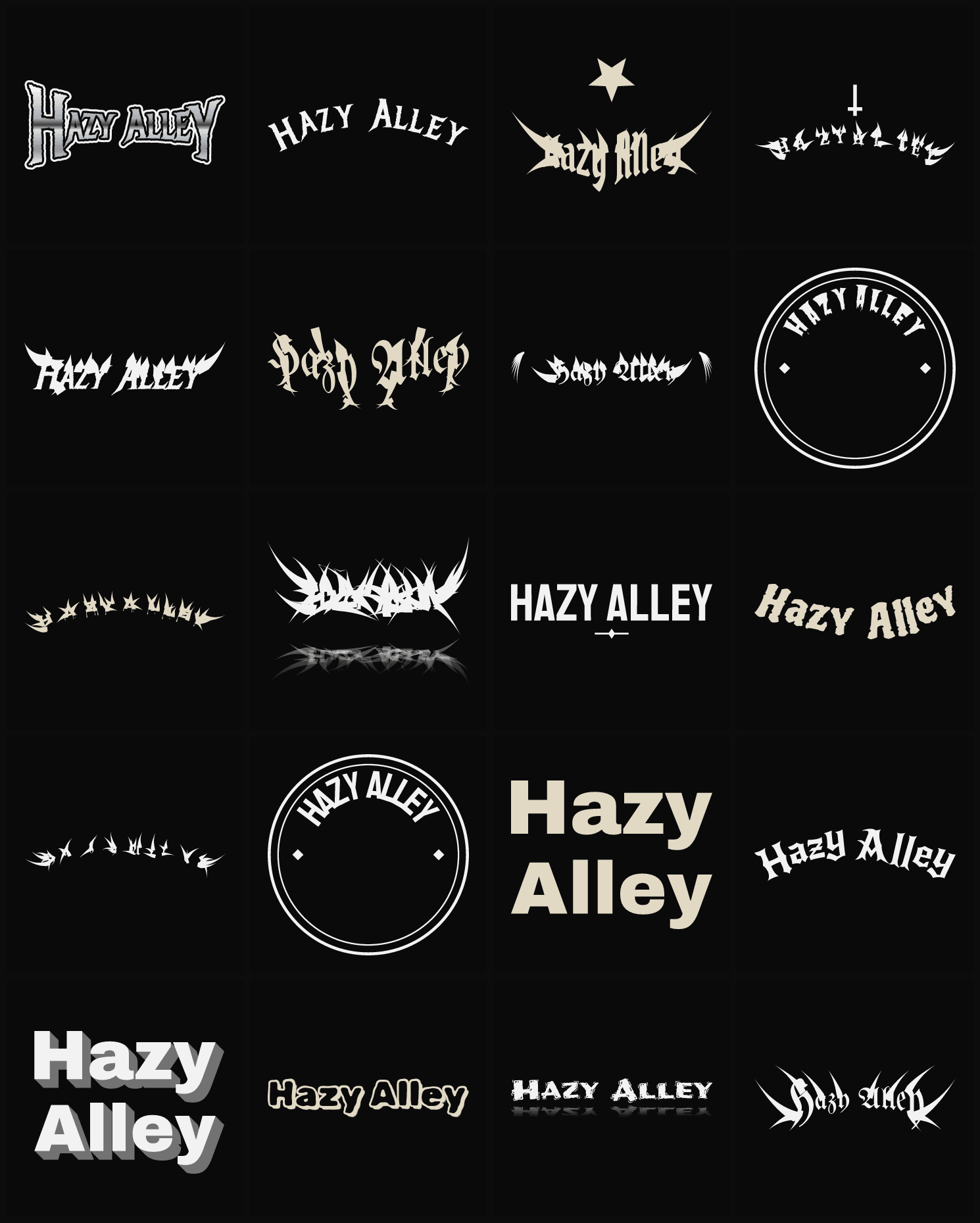 Twenty Hazy Alley band logo ideas — different faces, treatments and spike settings