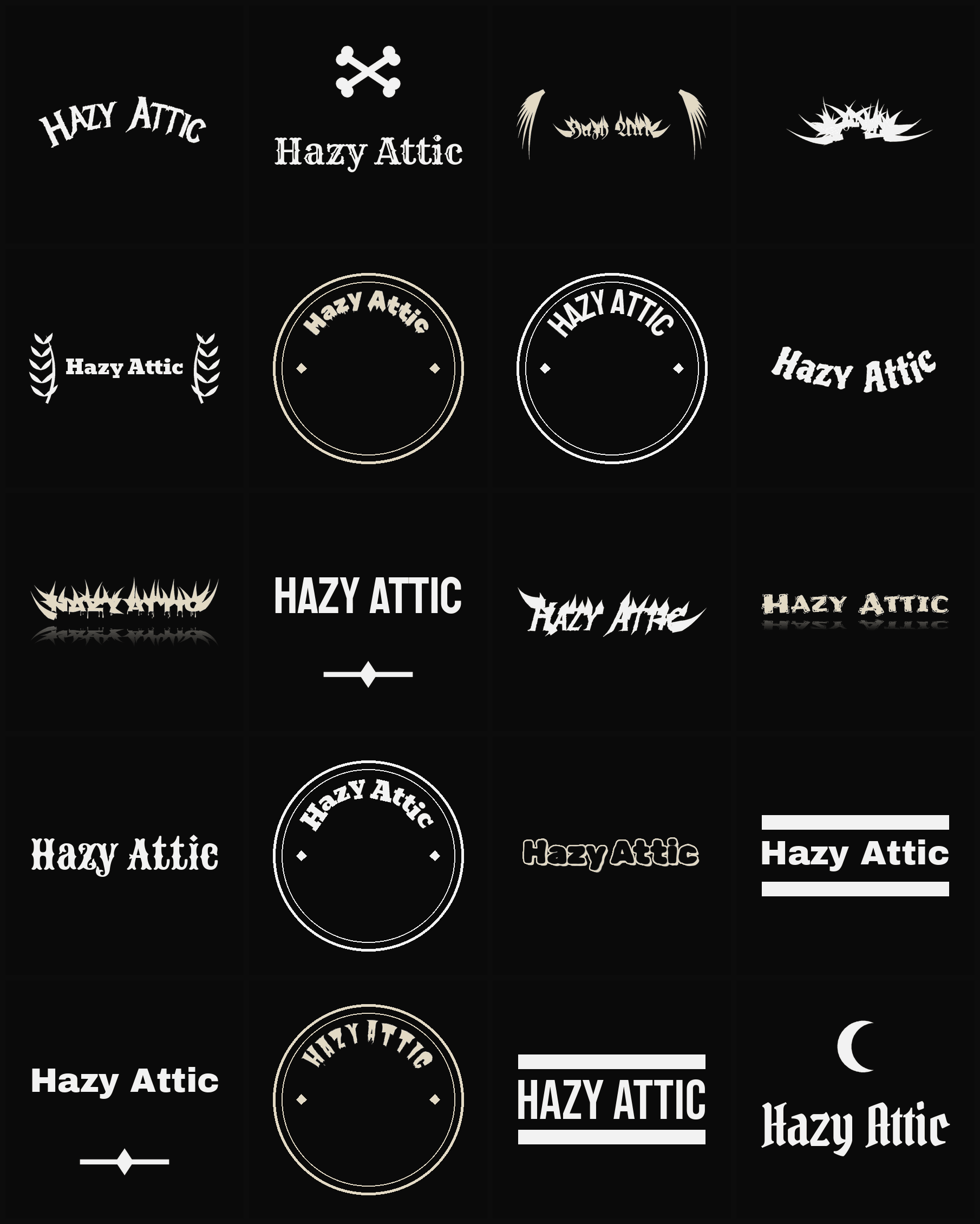 Twenty Hazy Attic band logo ideas — different faces, treatments and spike settings