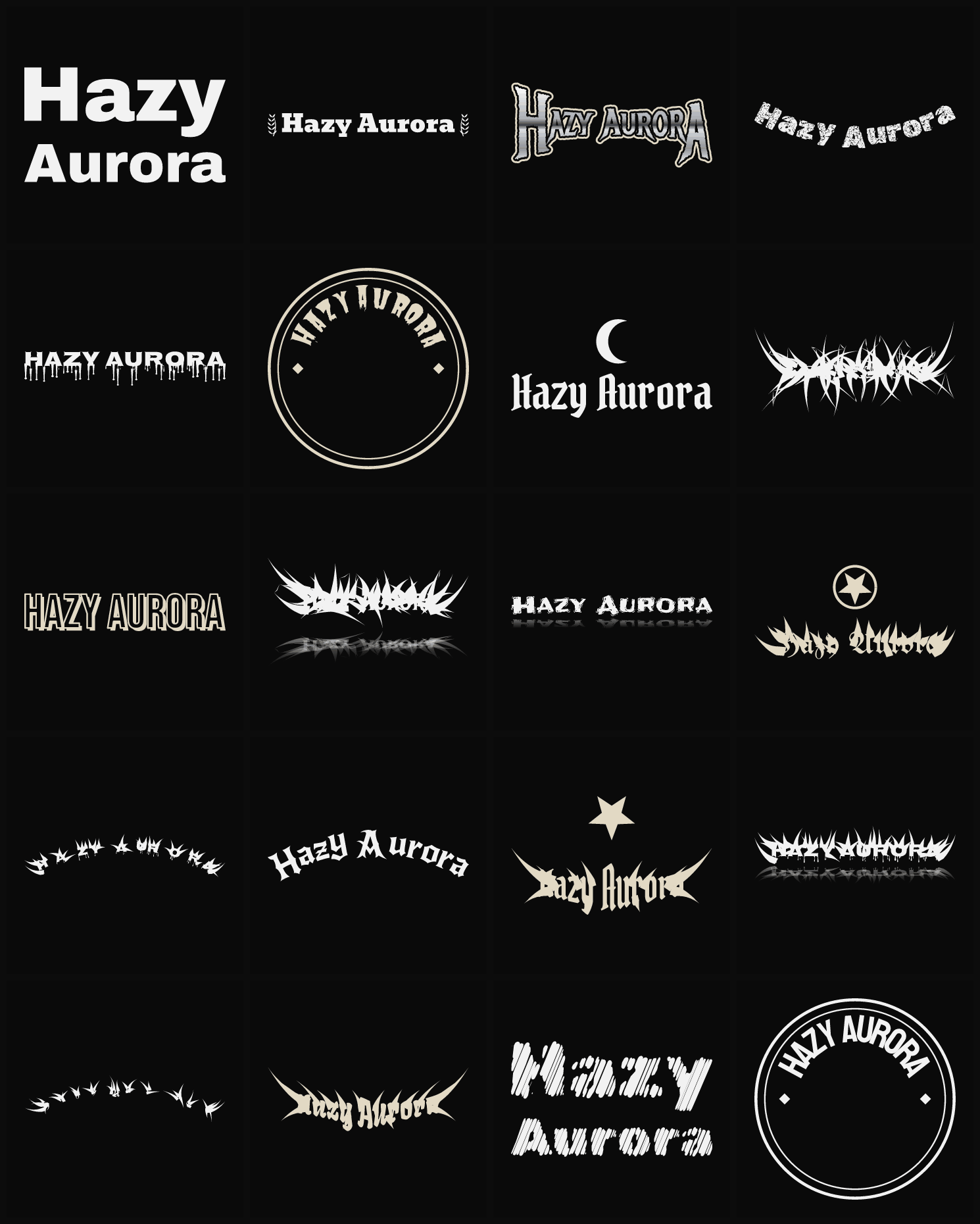 Twenty Hazy Aurora band logo ideas — different faces, treatments and spike settings