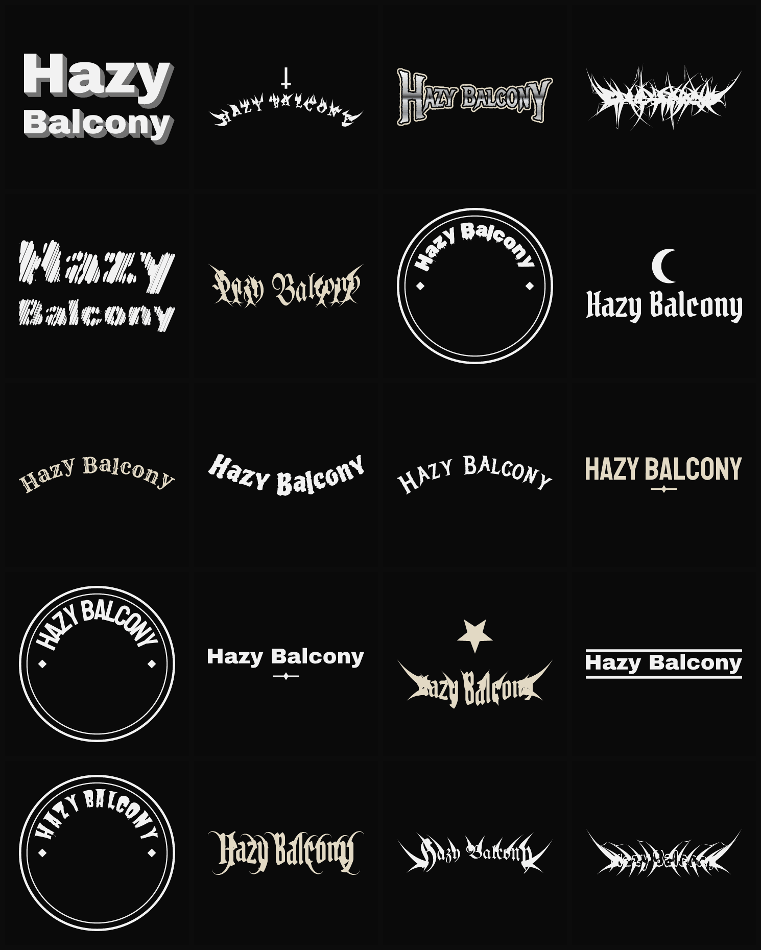 Twenty Hazy Balcony band logo ideas — different faces, treatments and spike settings