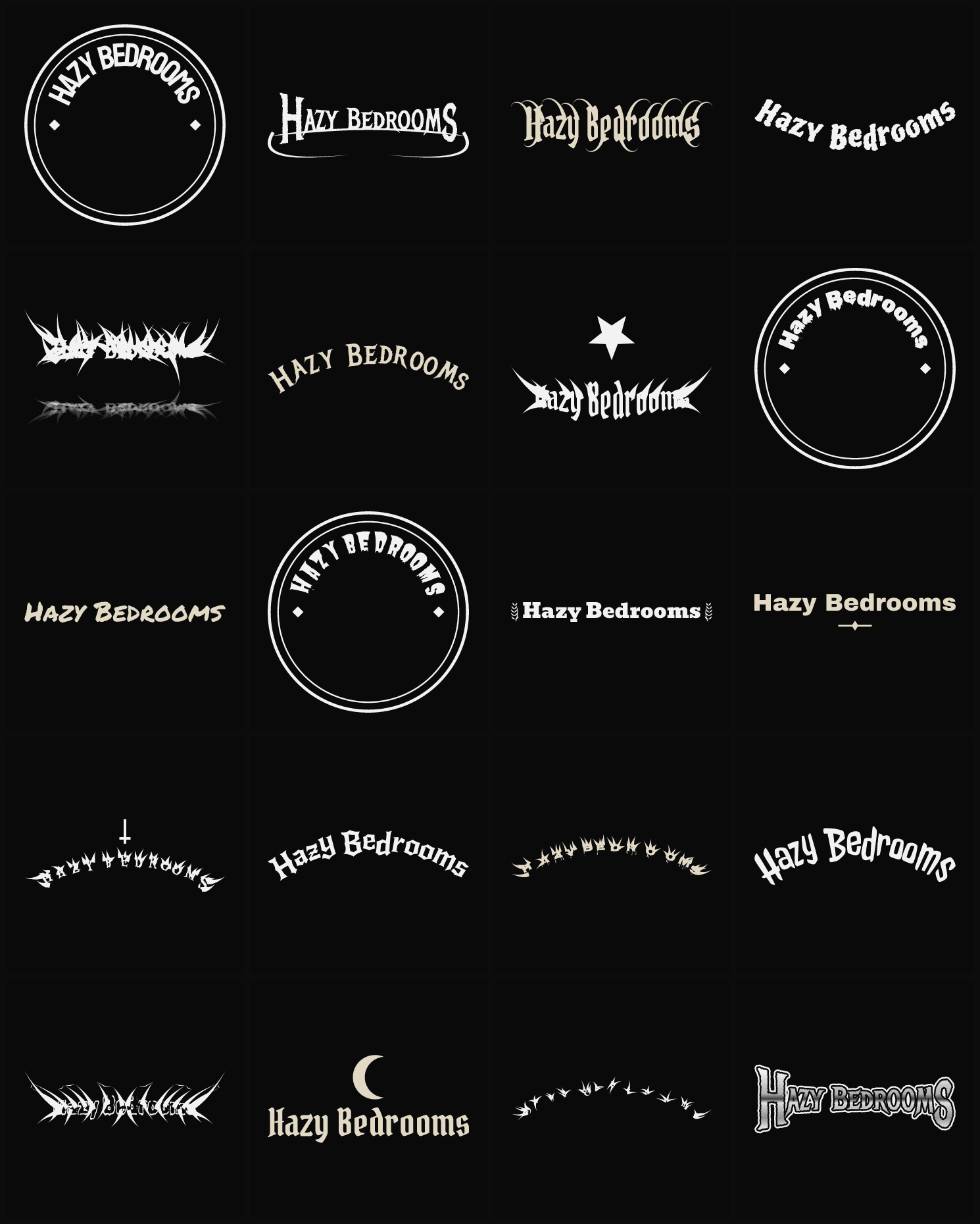 Twenty Hazy Bedrooms band logo ideas — different faces, treatments and spike settings