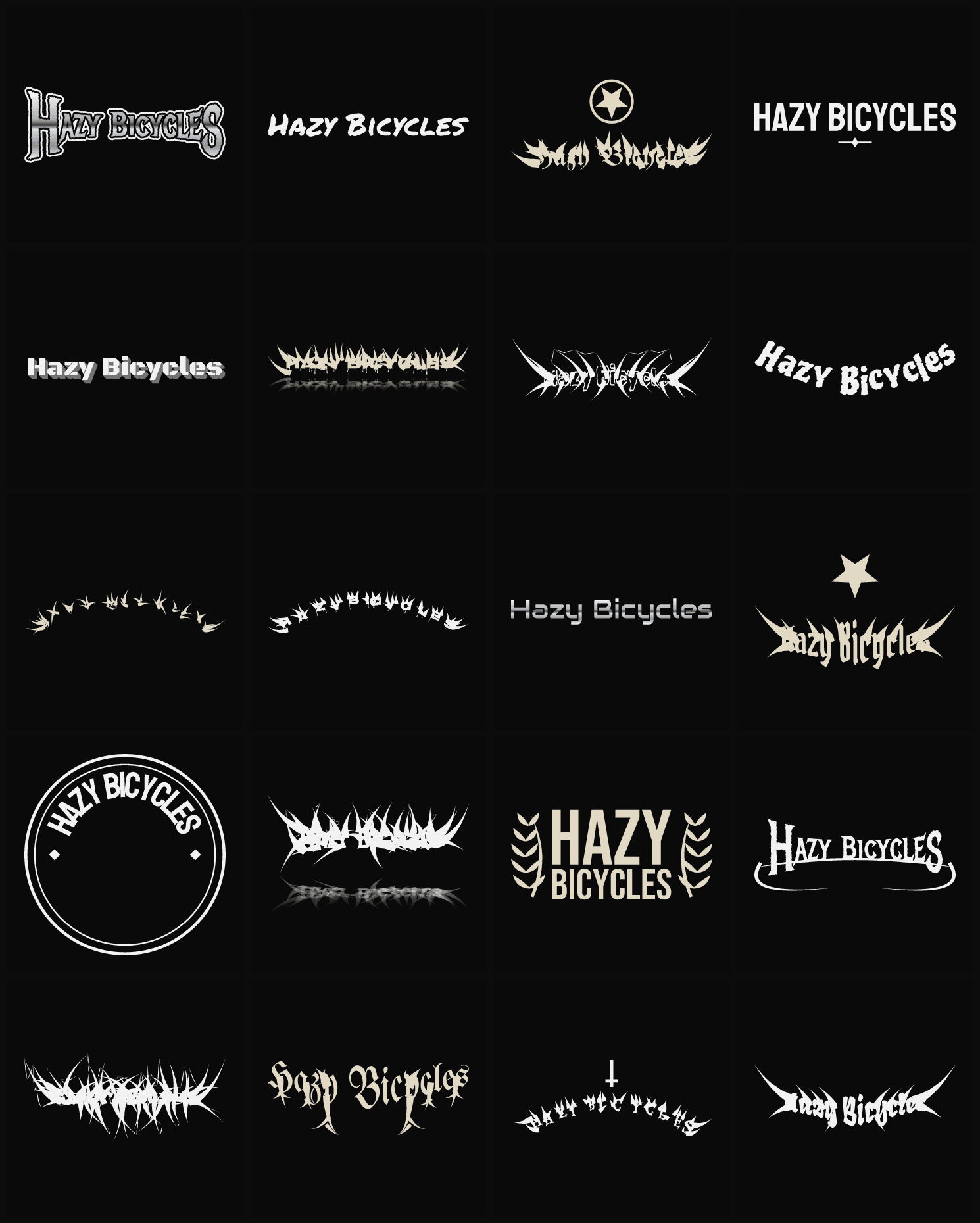 Twenty Hazy Bicycles band logo ideas — different faces, treatments and spike settings