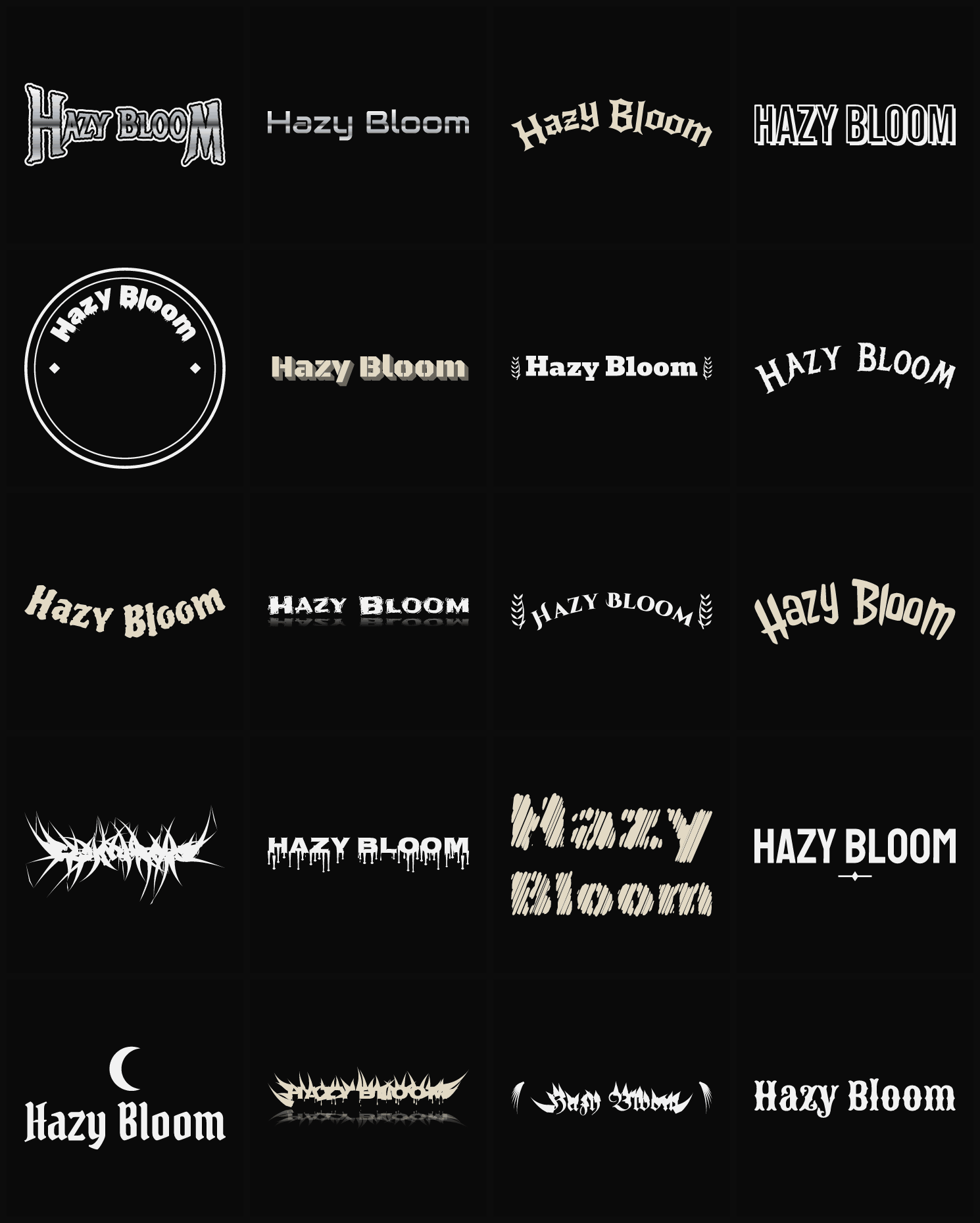 Twenty Hazy Bloom band logo ideas — different faces, treatments and spike settings
