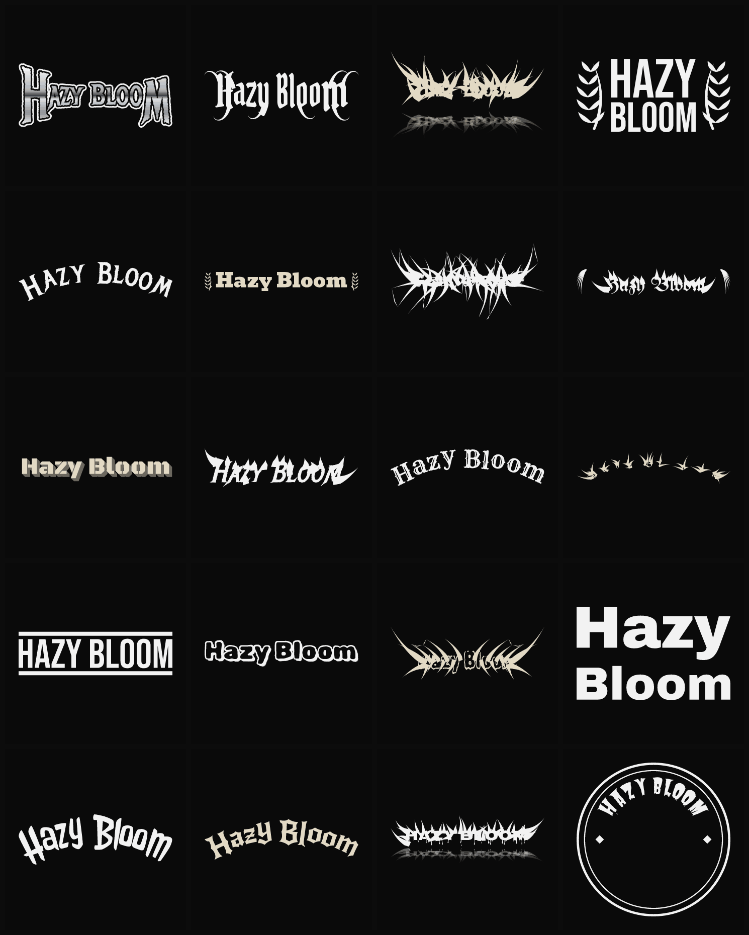Twenty Hazy Bloom band logo ideas — different faces, treatments and spike settings