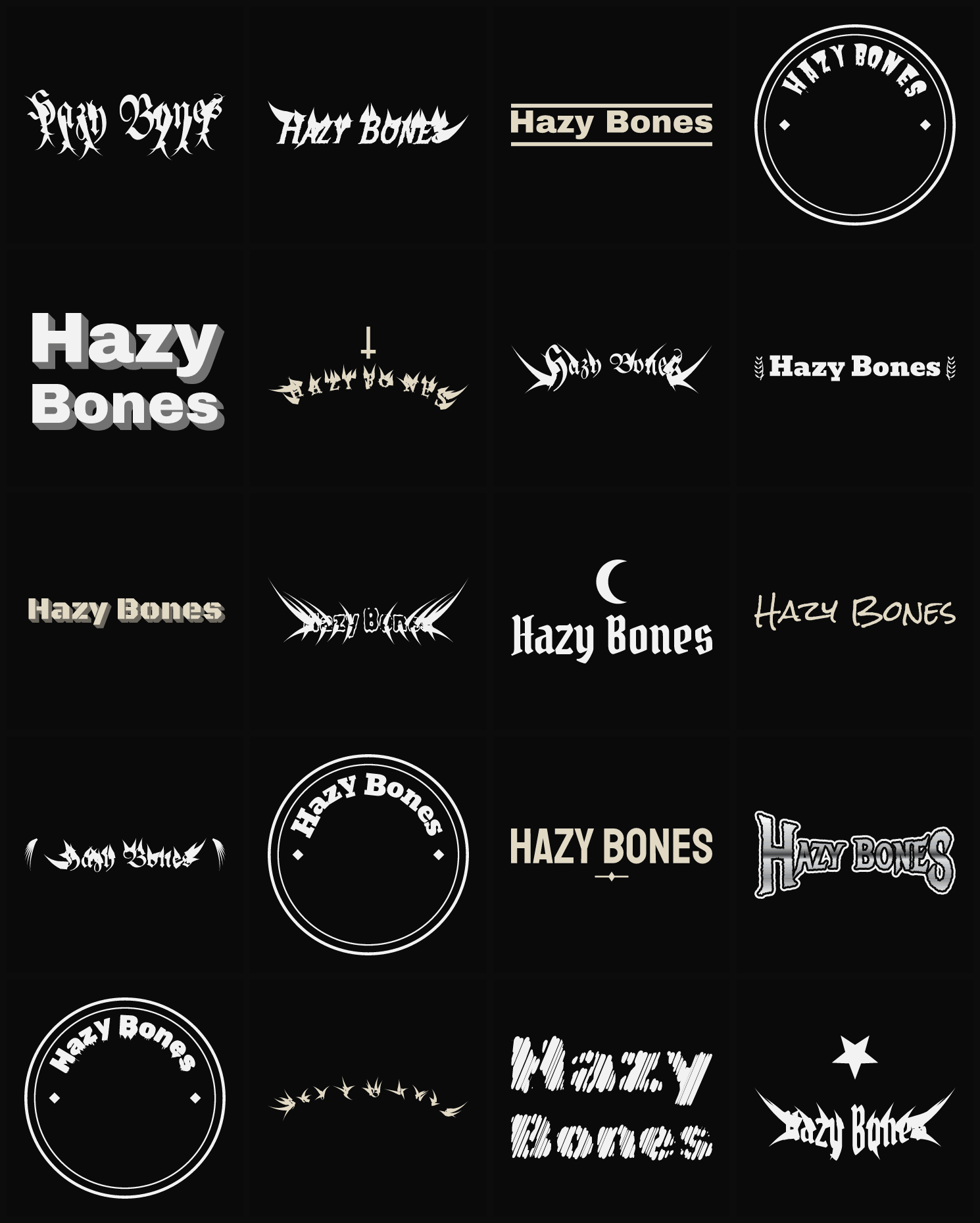 Twenty Hazy Bones band logo ideas — different faces, treatments and spike settings