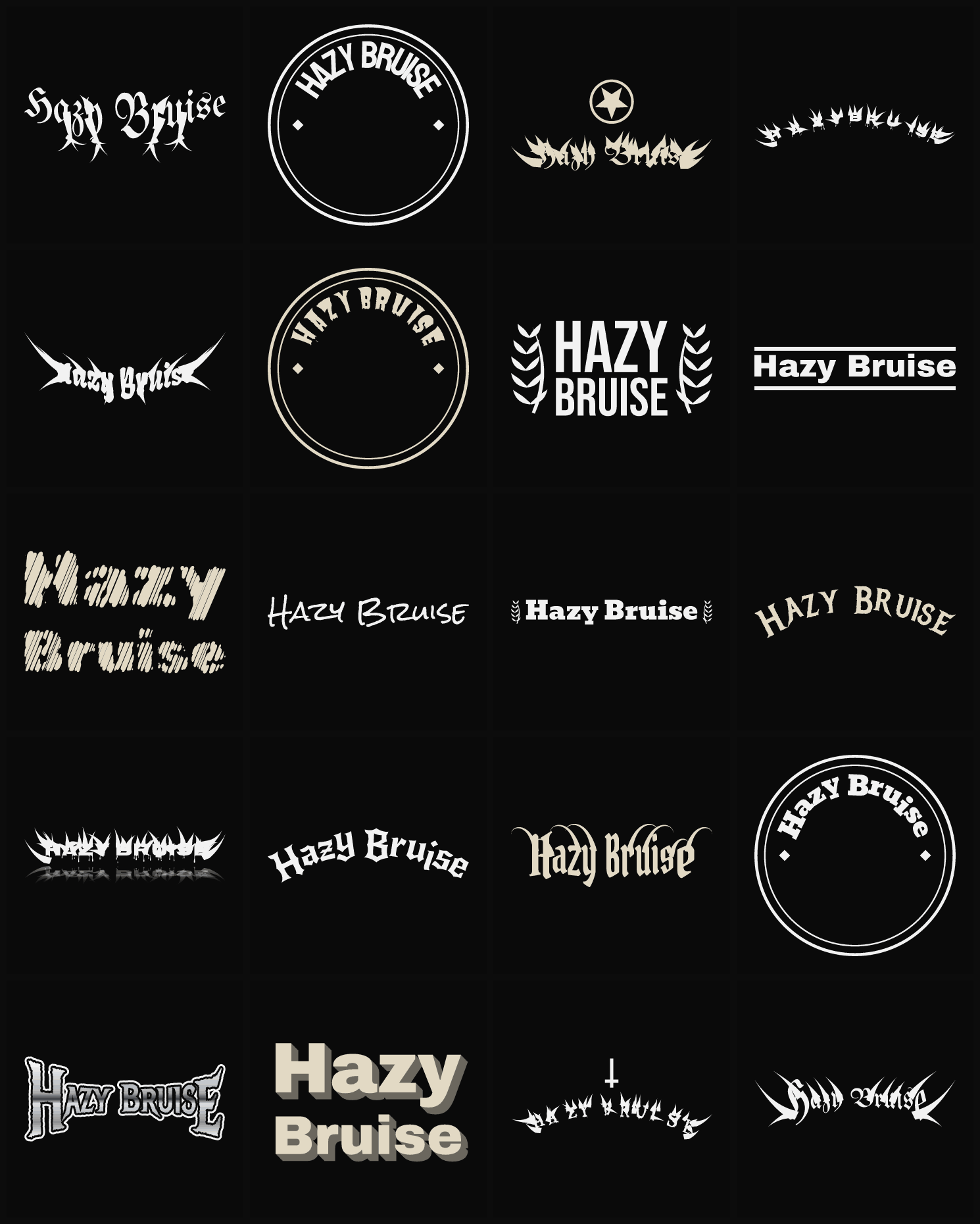 Twenty Hazy Bruise band logo ideas — different faces, treatments and spike settings