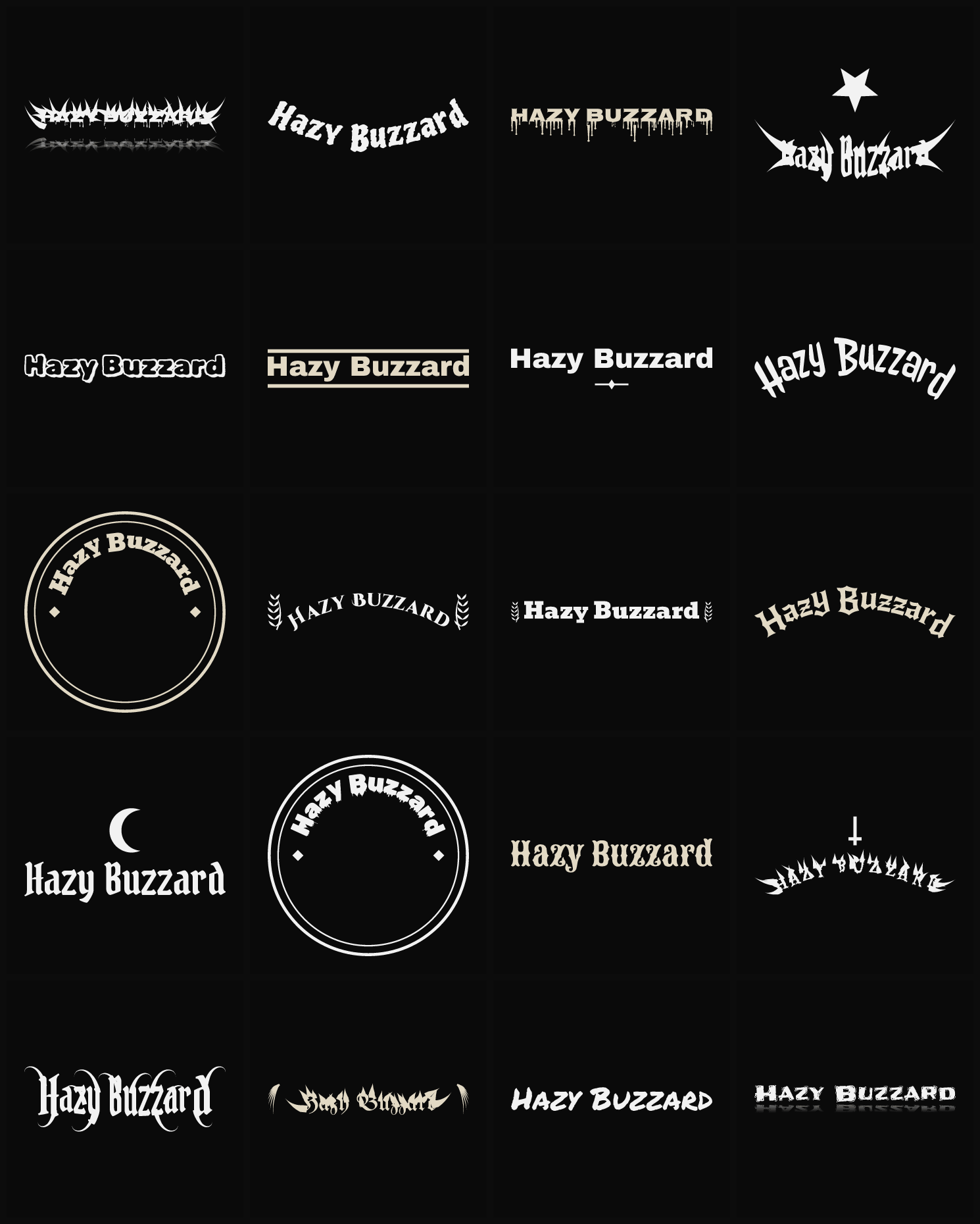 Twenty Hazy Buzzard band logo ideas — different faces, treatments and spike settings