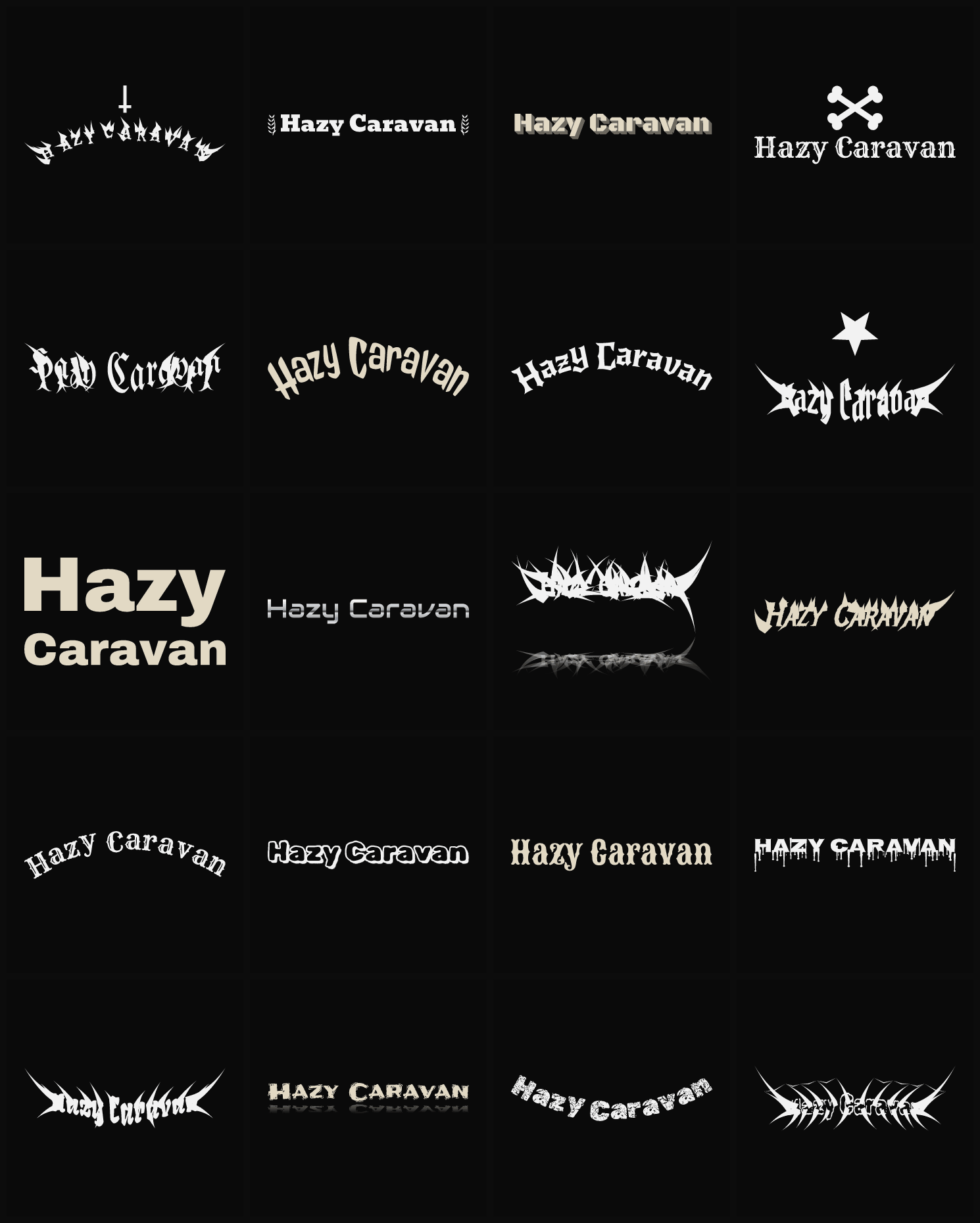 Twenty Hazy Caravan band logo ideas — different faces, treatments and spike settings