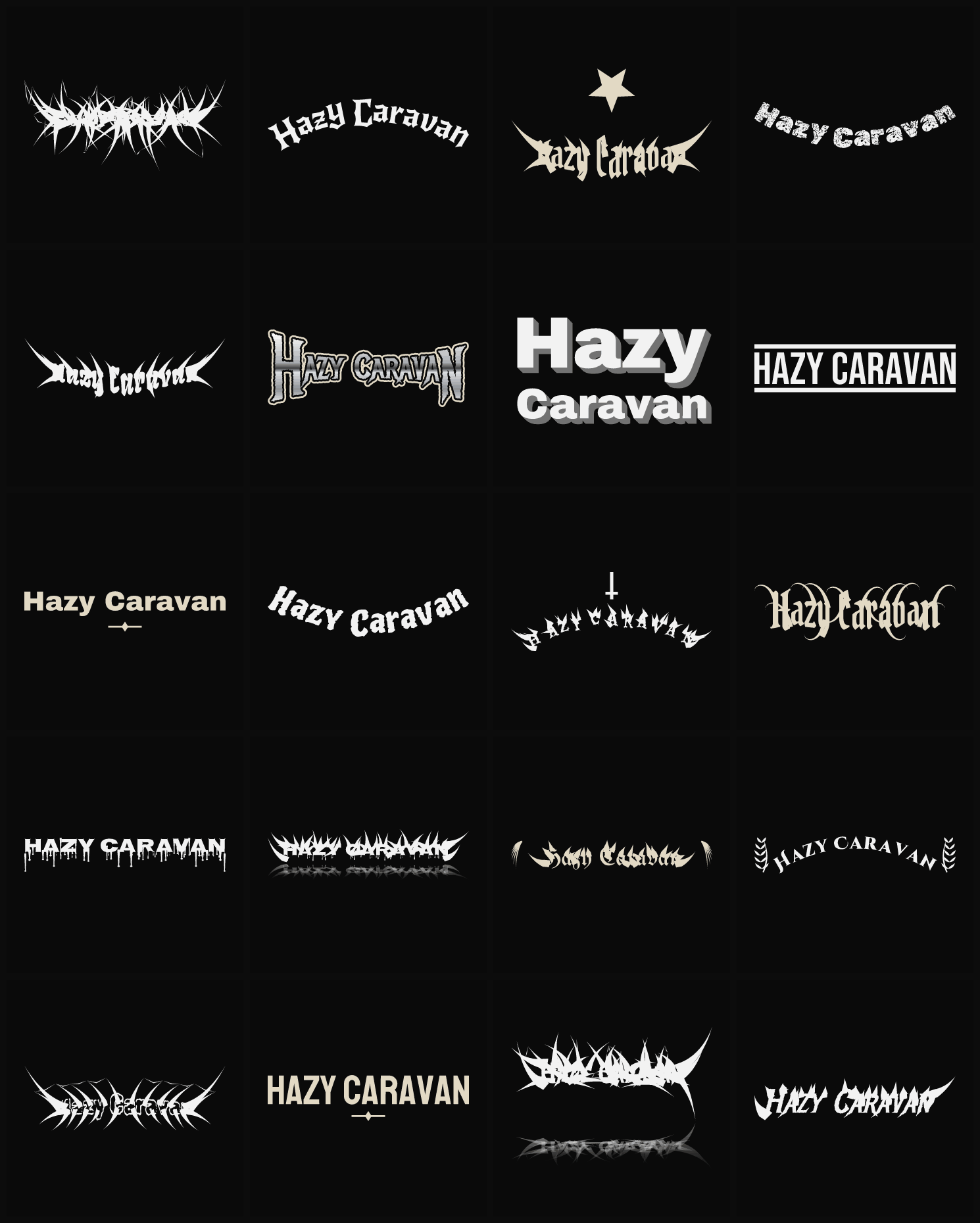 Twenty Hazy Caravan band logo ideas — different faces, treatments and spike settings