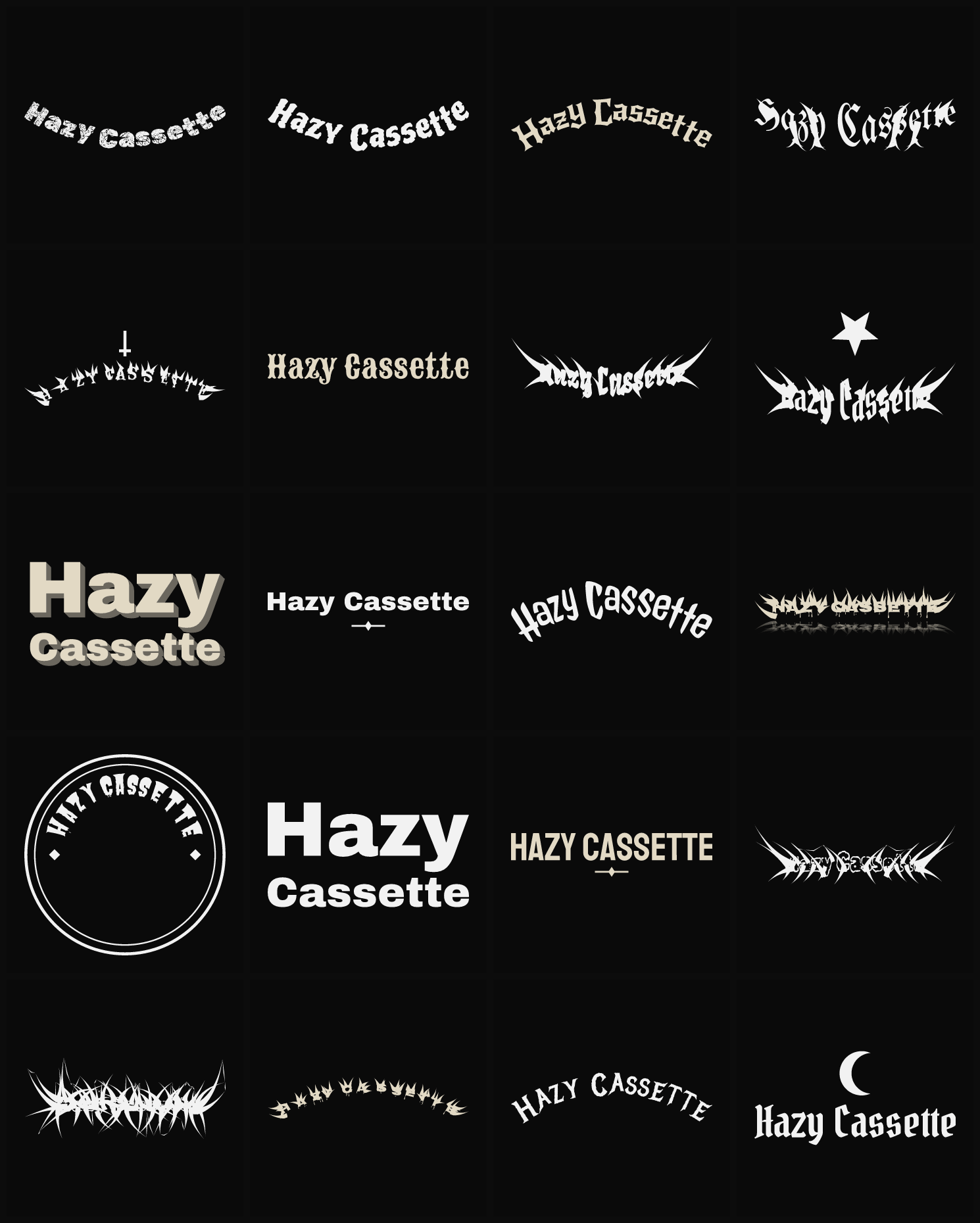 Twenty Hazy Cassette band logo ideas — different faces, treatments and spike settings