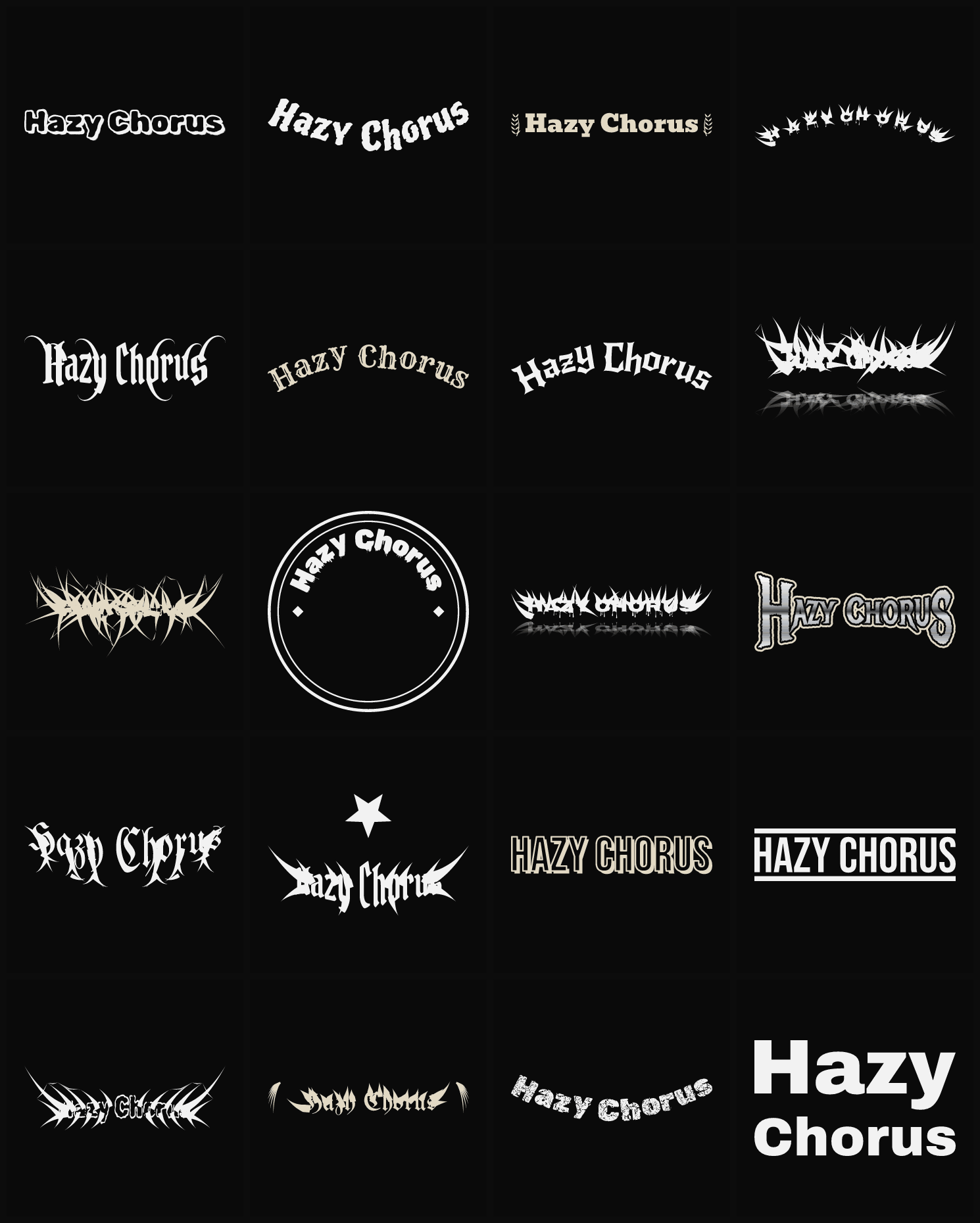 Twenty Hazy Chorus band logo ideas — different faces, treatments and spike settings