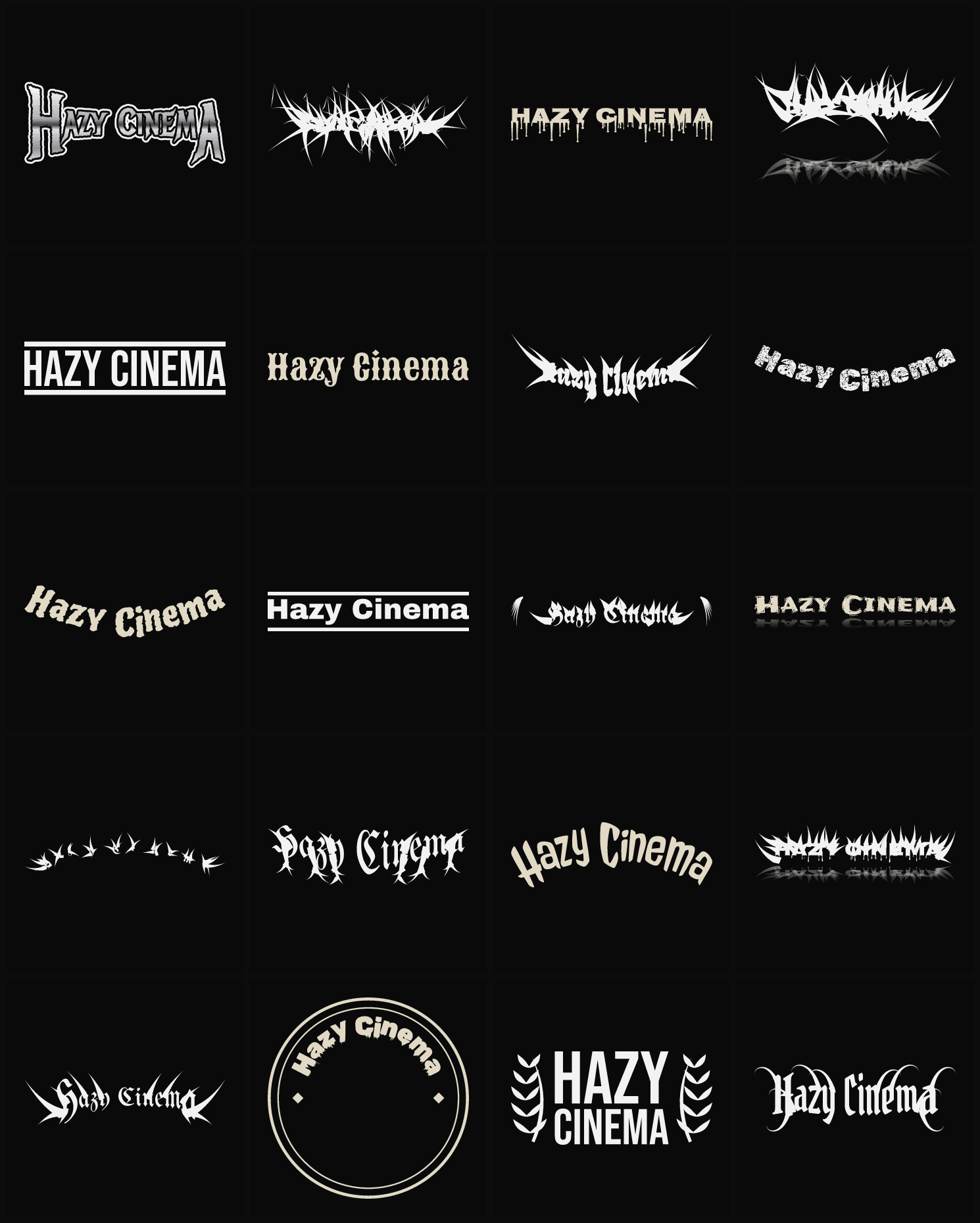 Twenty Hazy Cinema band logo ideas — different faces, treatments and spike settings