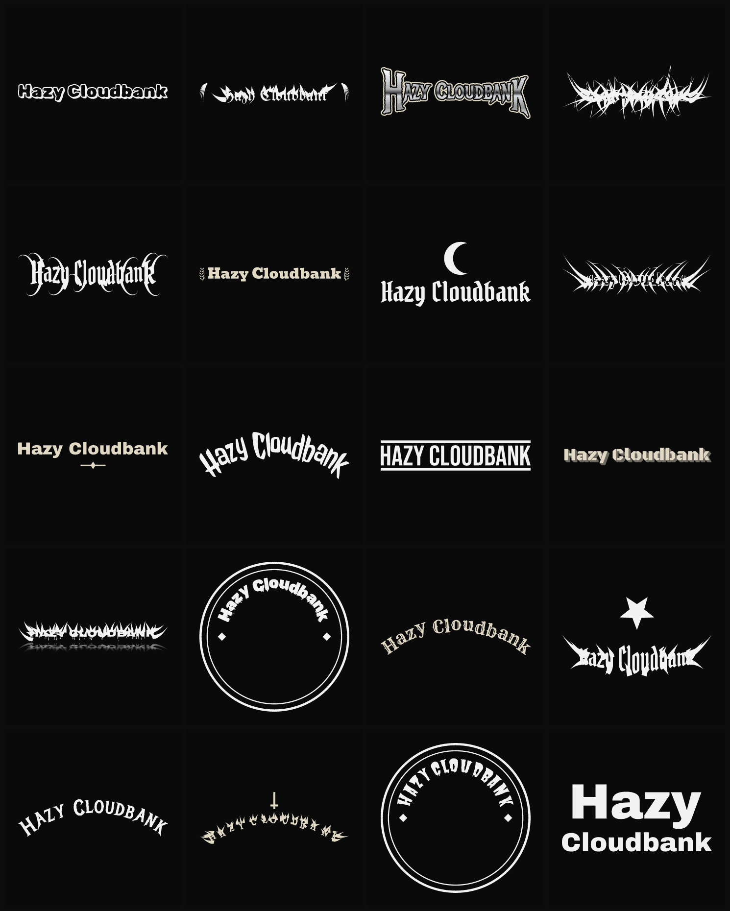 Twenty Hazy Cloudbank band logo ideas — different faces, treatments and spike settings