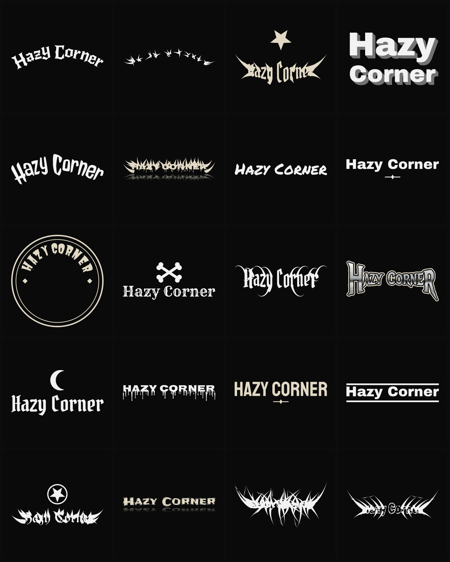 Twenty Hazy Corner band logo ideas — different faces, treatments and spike settings