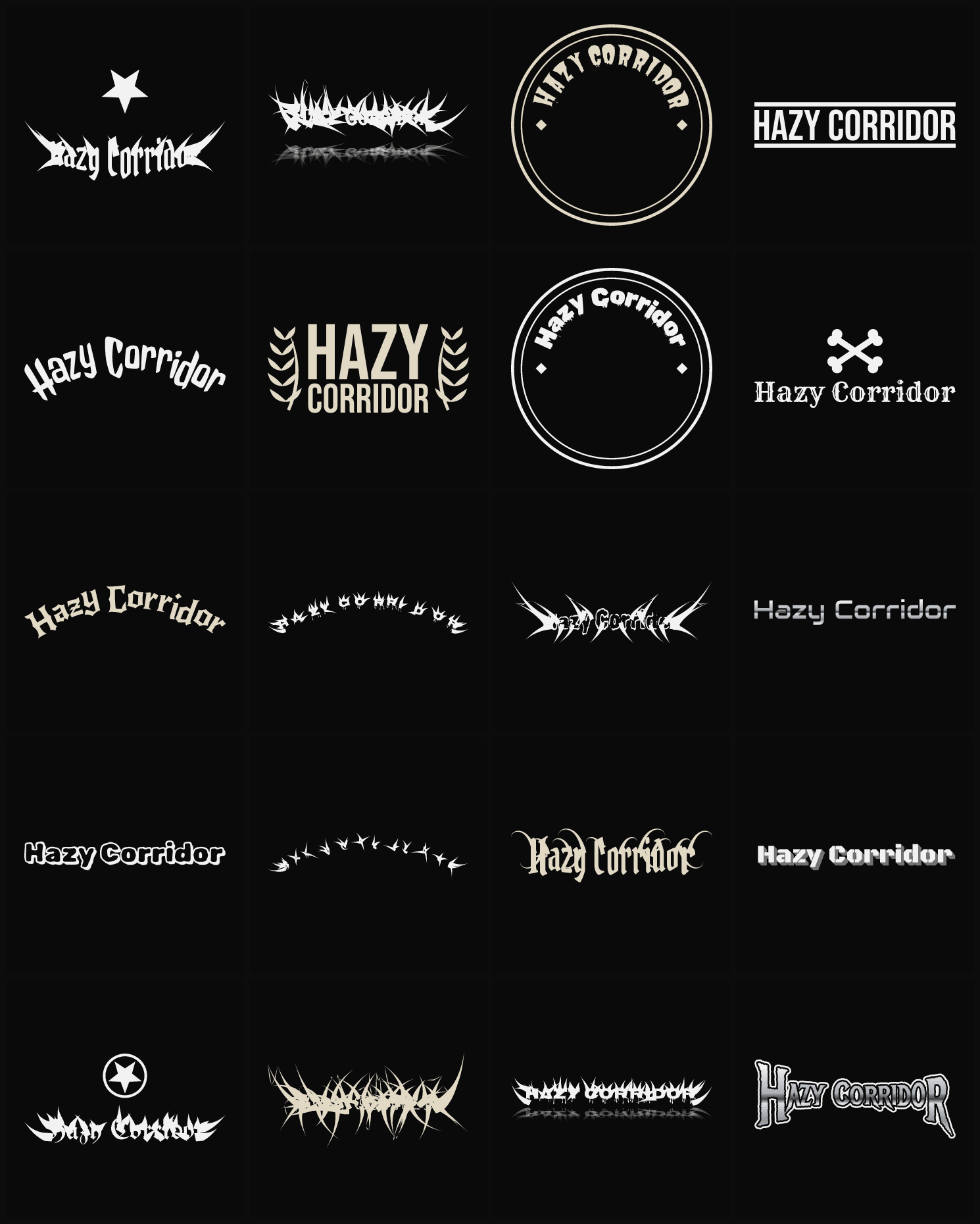 Twenty Hazy Corridor band logo ideas — different faces, treatments and spike settings
