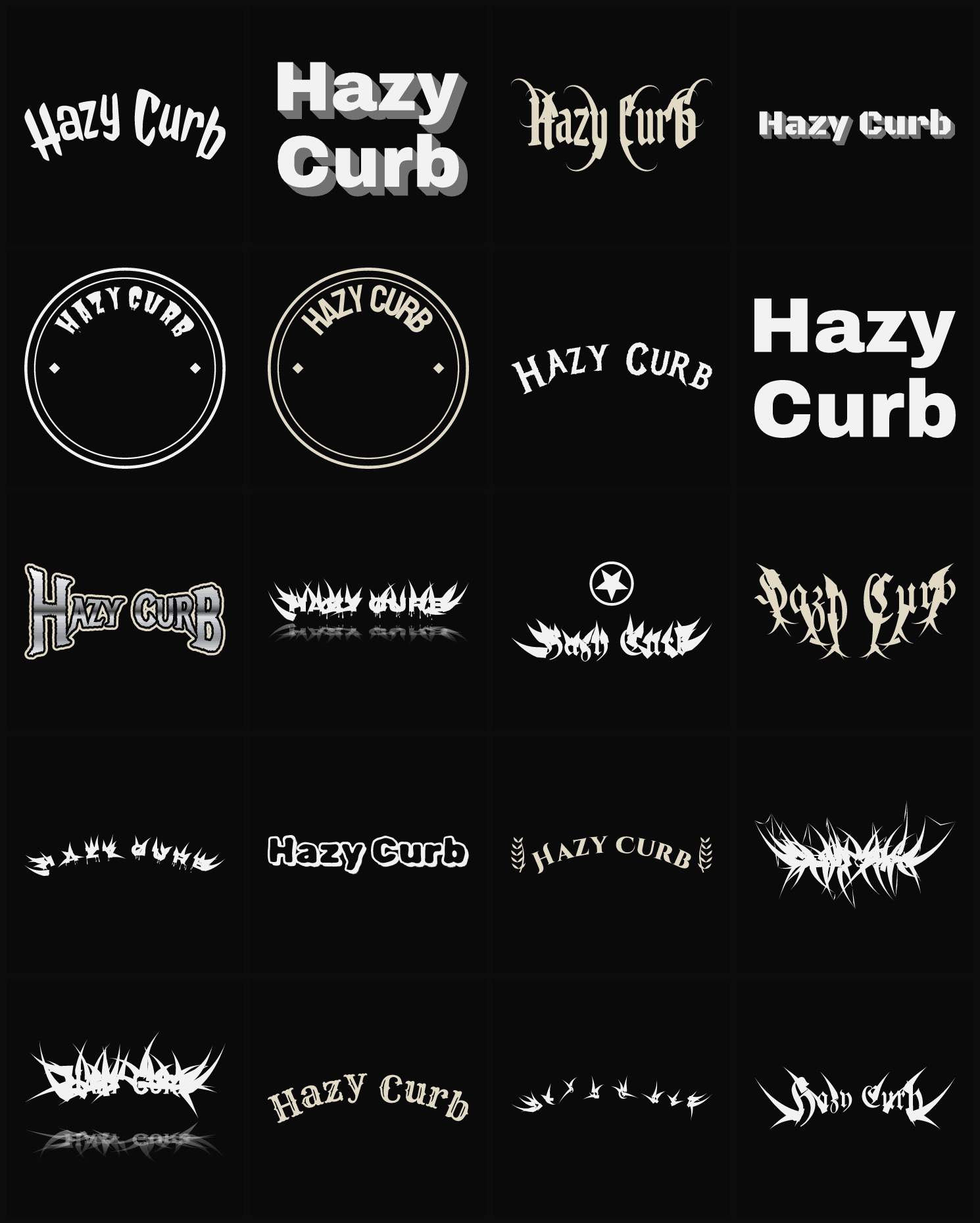 Twenty Hazy Curb band logo ideas — different faces, treatments and spike settings