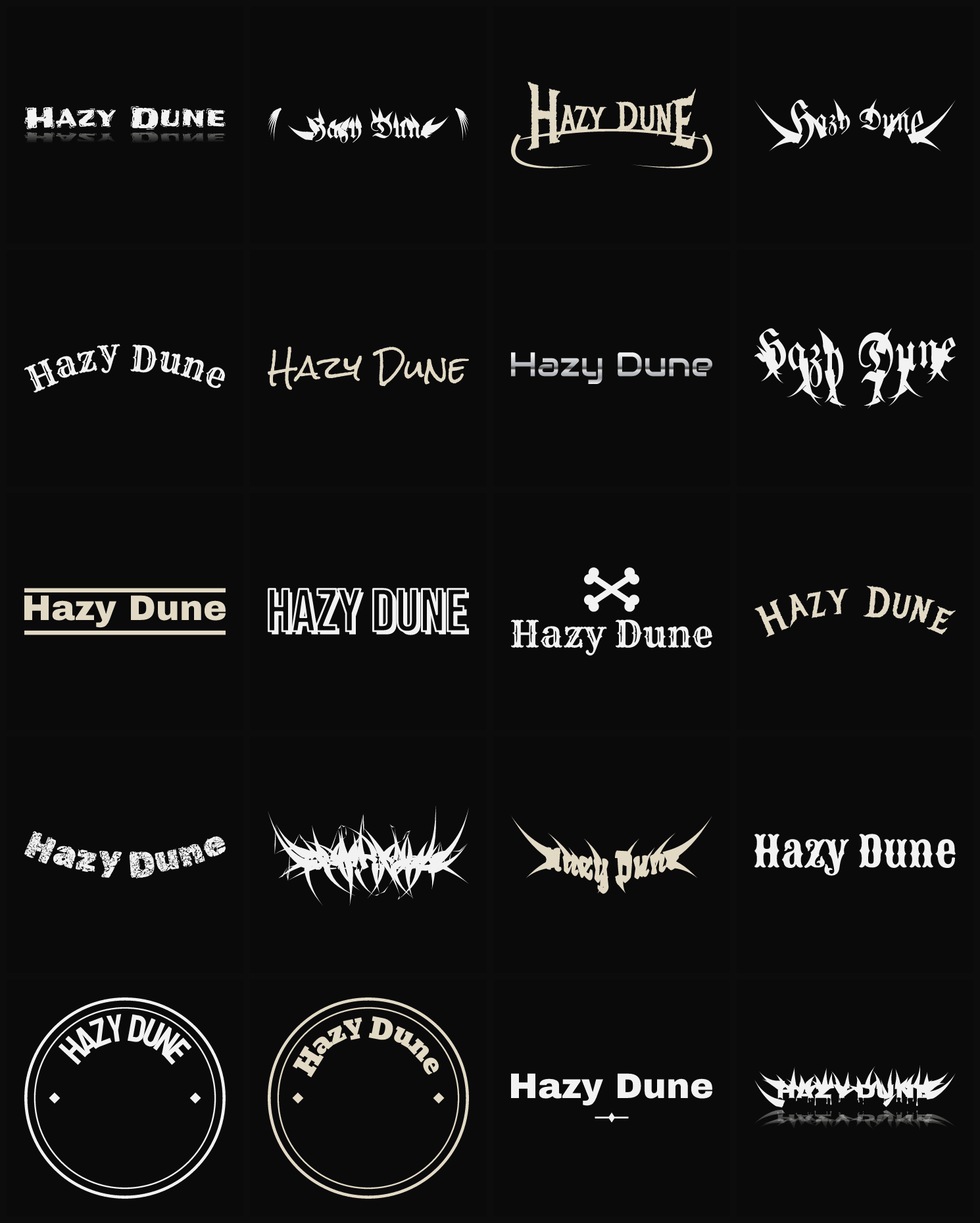 Twenty Hazy Dune band logo ideas — different faces, treatments and spike settings