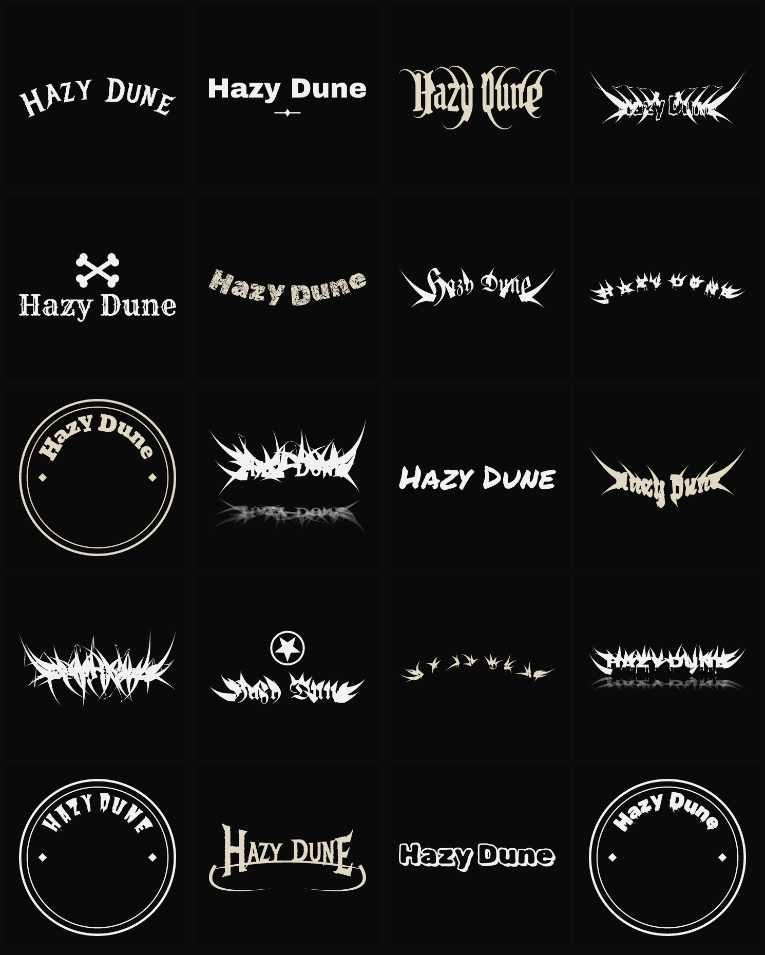 Twenty Hazy Dune band logo ideas — different faces, treatments and spike settings