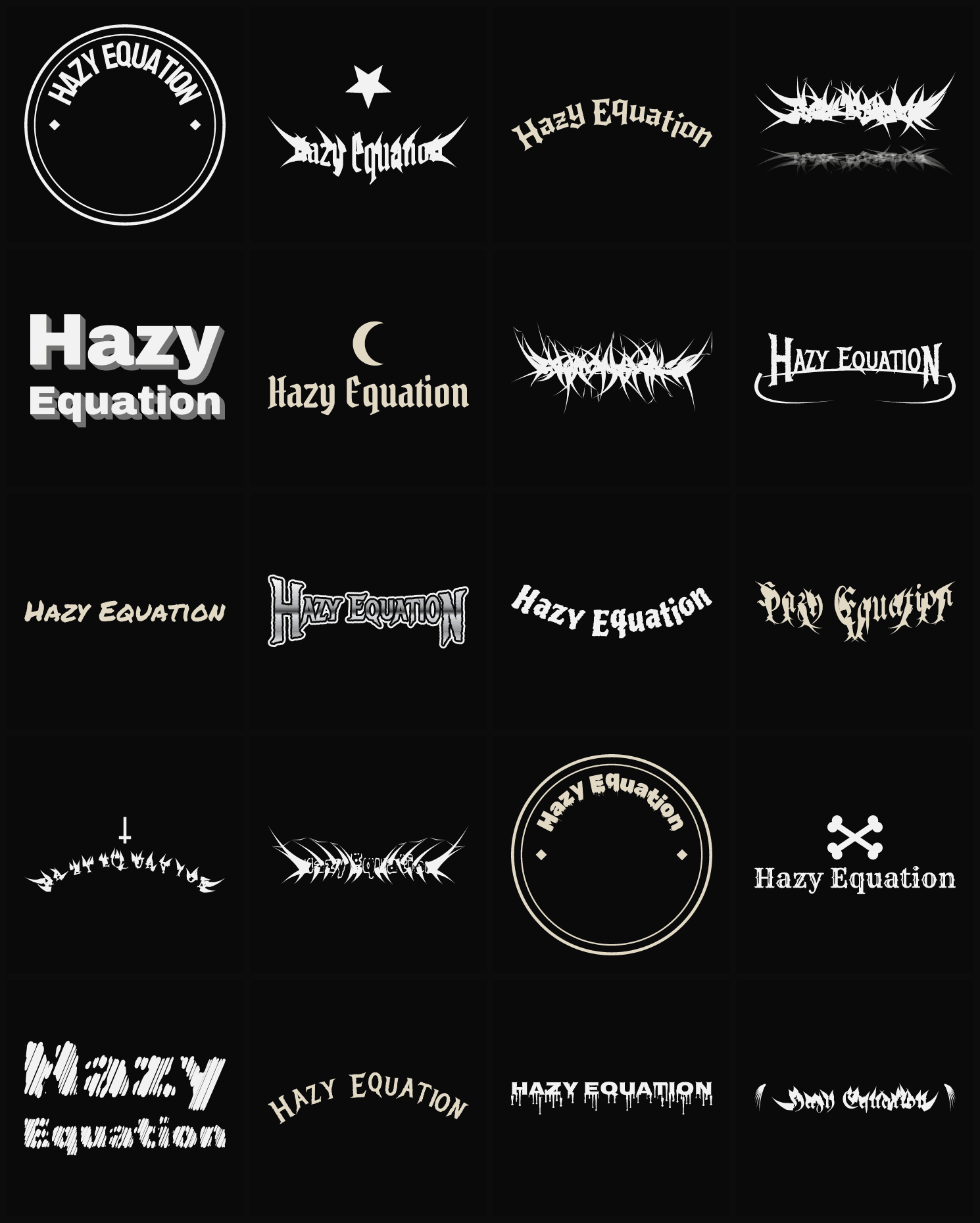 Twenty Hazy Equation band logo ideas — different faces, treatments and spike settings
