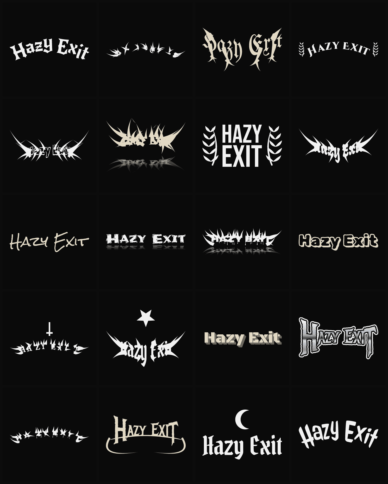 Twenty Hazy Exit band logo ideas — different faces, treatments and spike settings