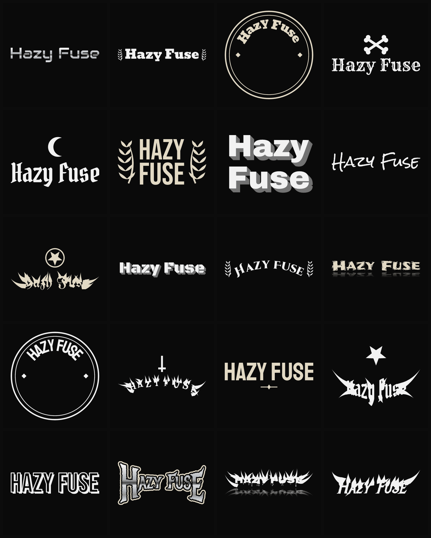 Twenty Hazy Fuse band logo ideas — different faces, treatments and spike settings