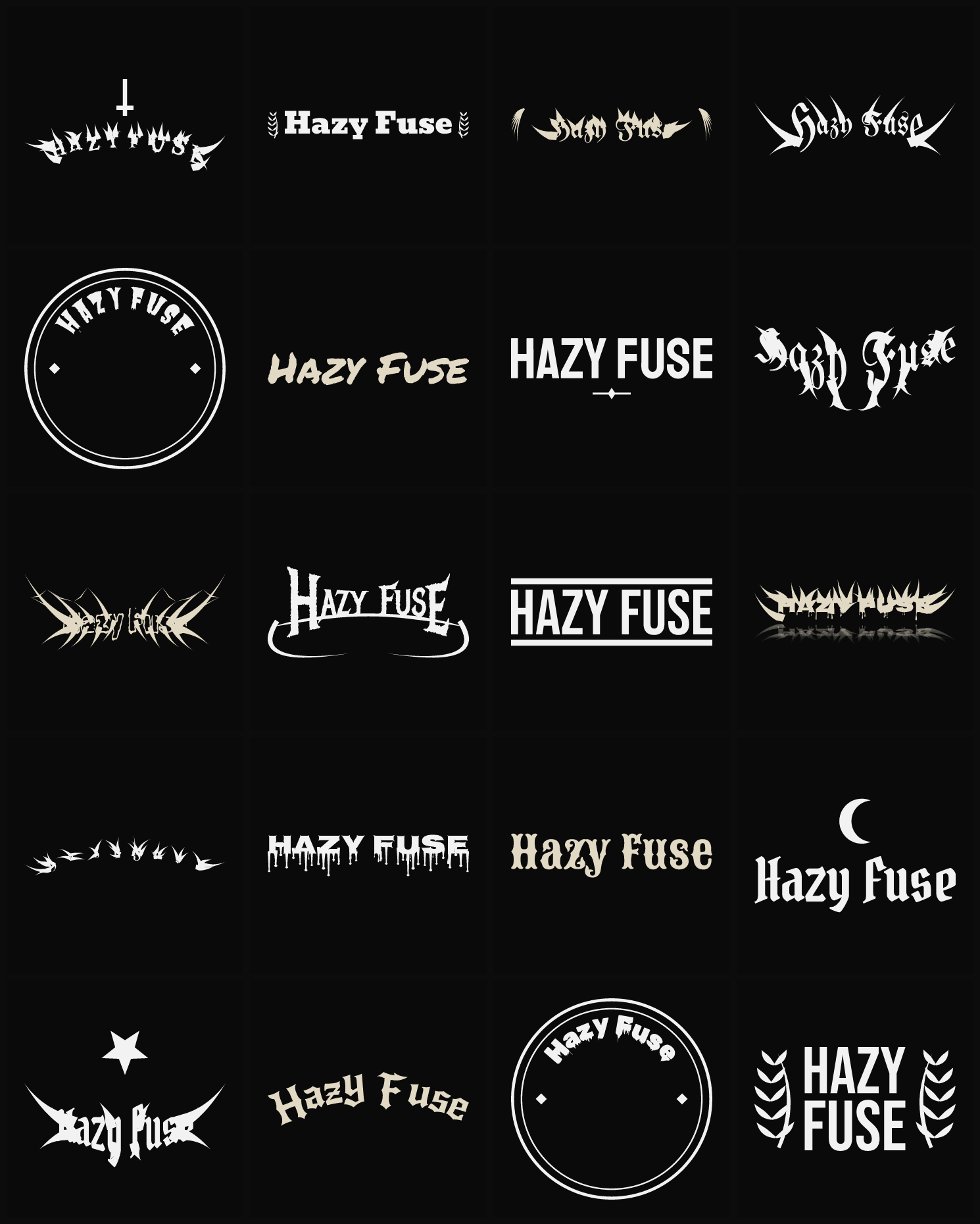 Twenty Hazy Fuse band logo ideas — different faces, treatments and spike settings