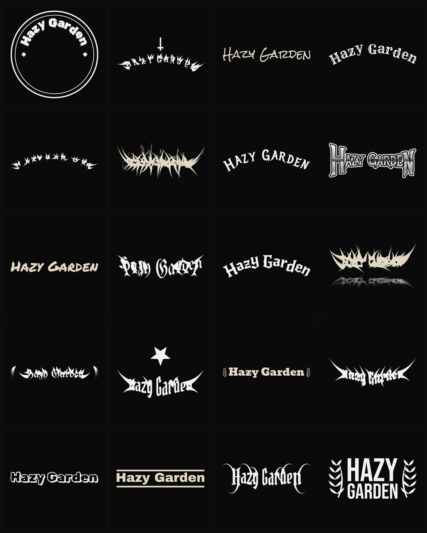 Twenty Hazy Garden band logo ideas — different faces, treatments and spike settings