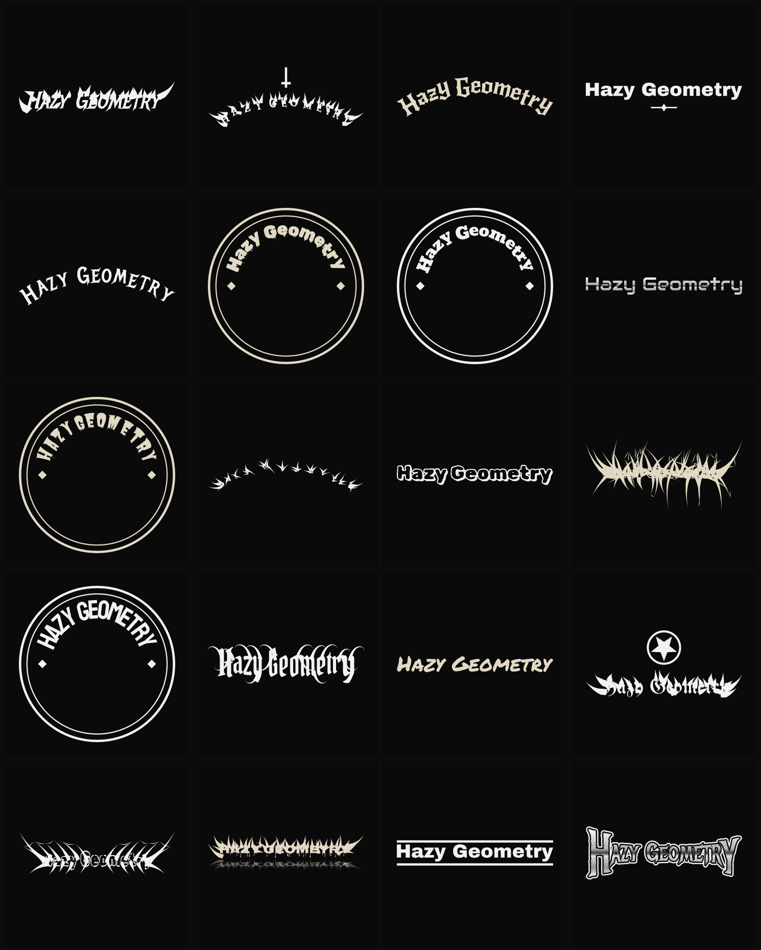 Twenty Hazy Geometry band logo ideas — different faces, treatments and spike settings
