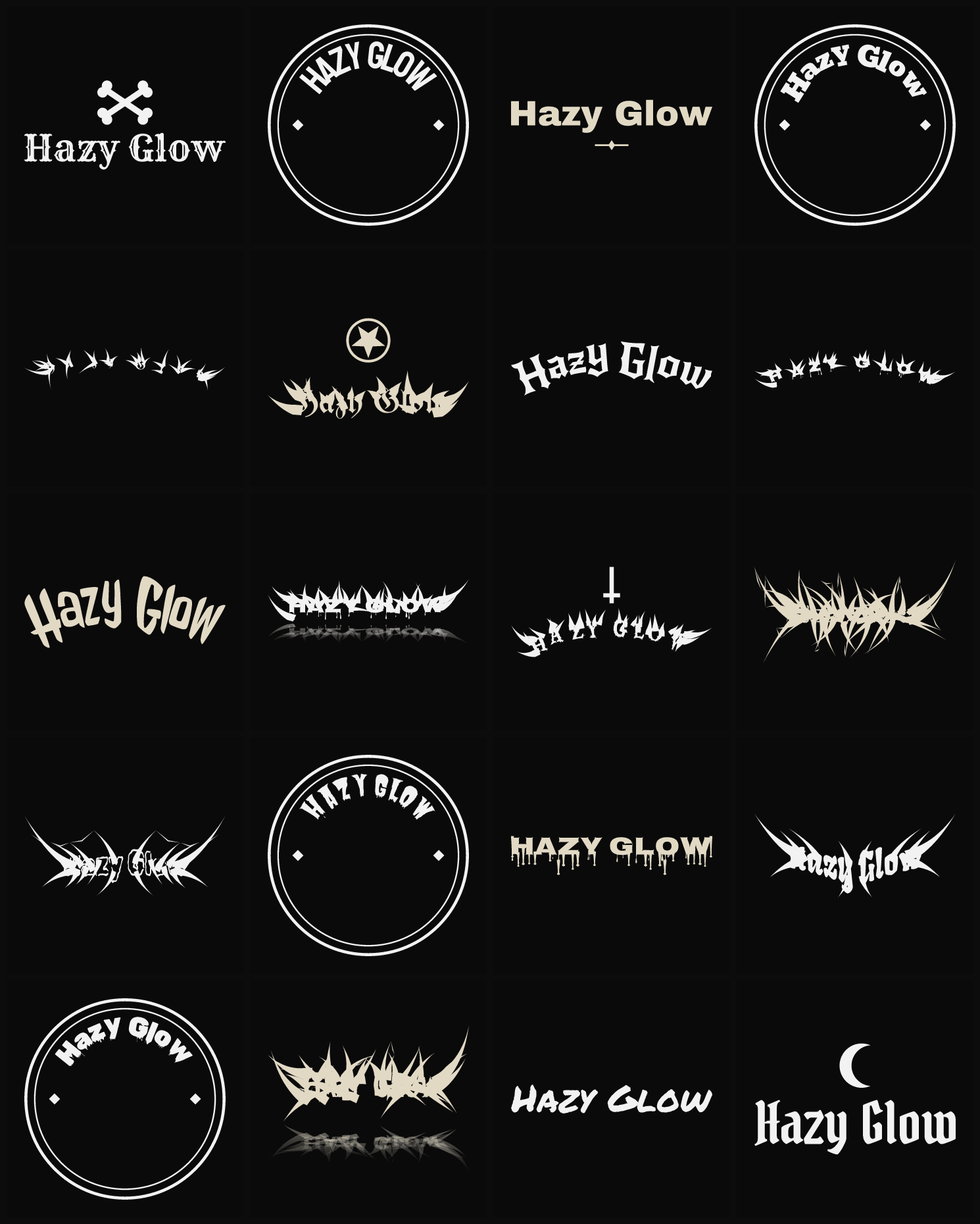 Twenty Hazy Glow band logo ideas — different faces, treatments and spike settings