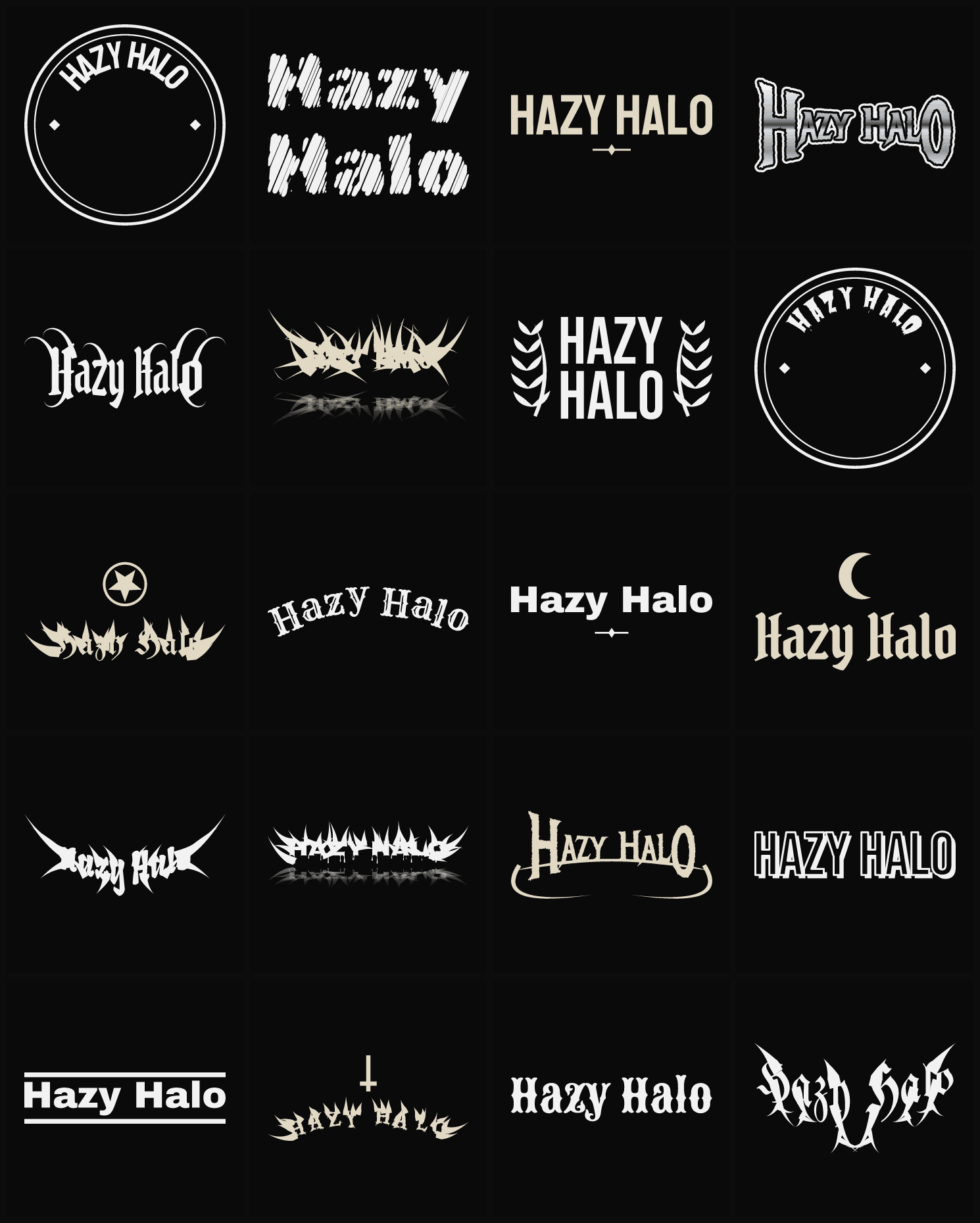 Twenty Hazy Halo band logo ideas — different faces, treatments and spike settings