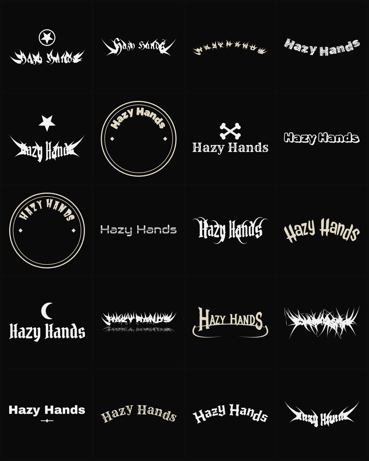 Twenty Hazy Hands band logo ideas — different faces, treatments and spike settings