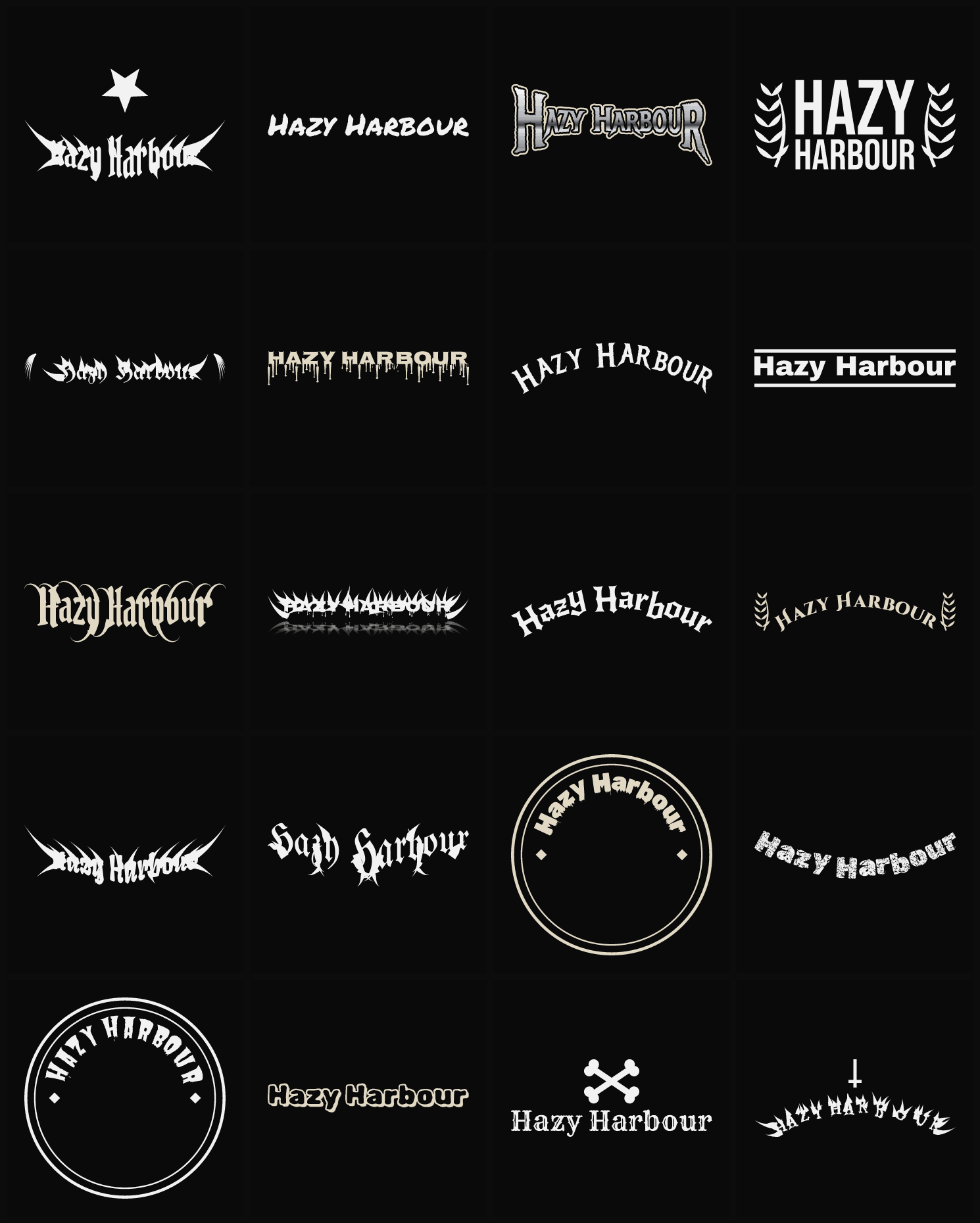 Twenty Hazy Harbour band logo ideas — different faces, treatments and spike settings