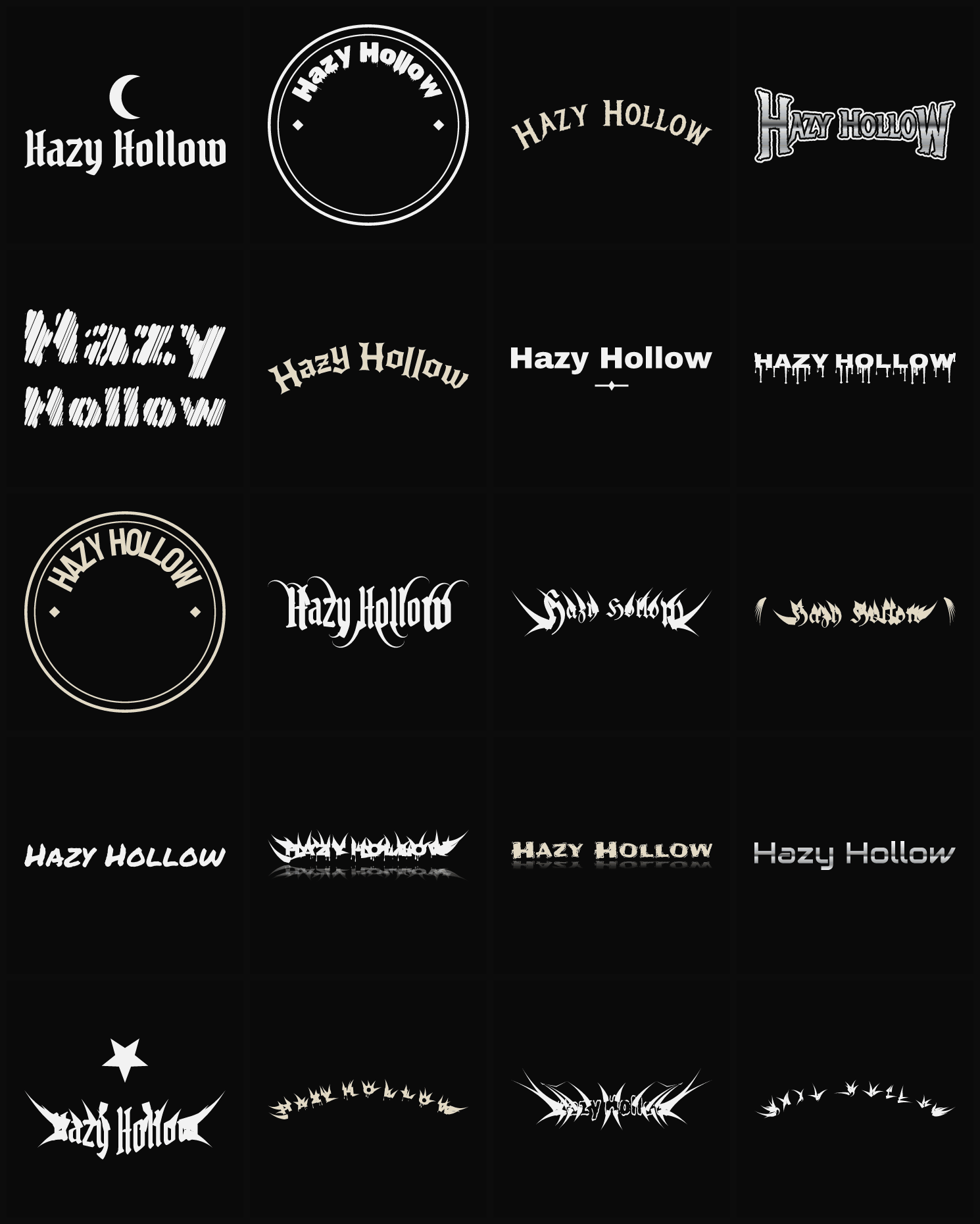 Twenty Hazy Hollow band logo ideas — different faces, treatments and spike settings