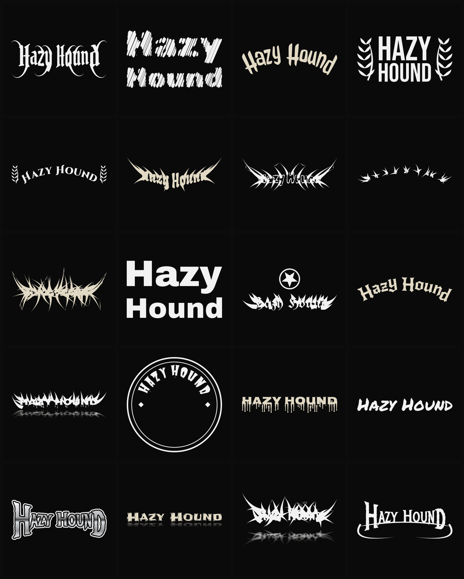 Twenty Hazy Hound band logo ideas — different faces, treatments and spike settings