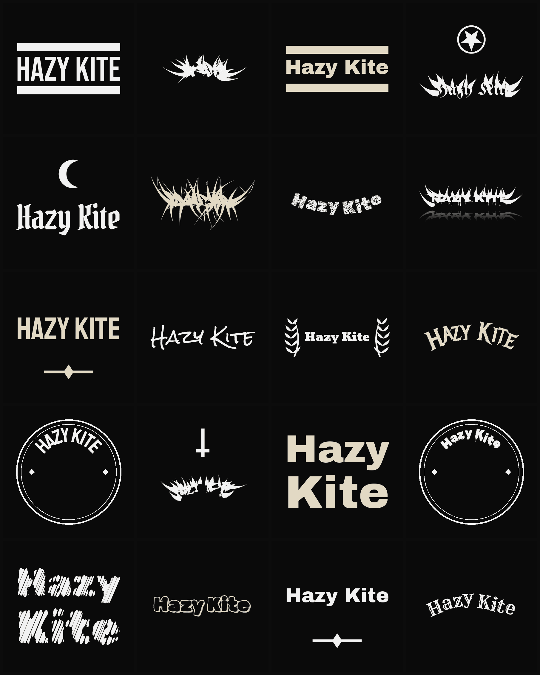 Twenty Hazy Kite band logo ideas — different faces, treatments and spike settings