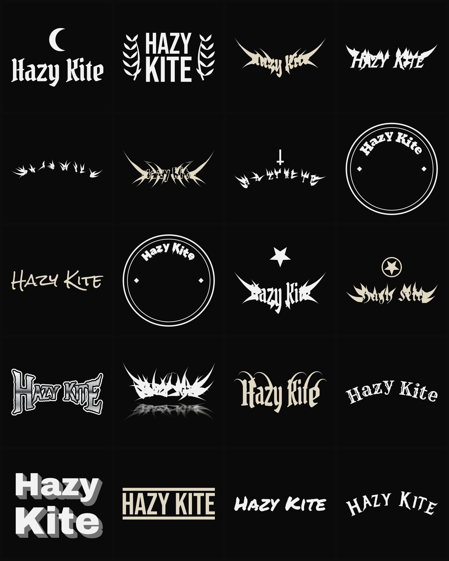 Twenty Hazy Kite band logo ideas — different faces, treatments and spike settings