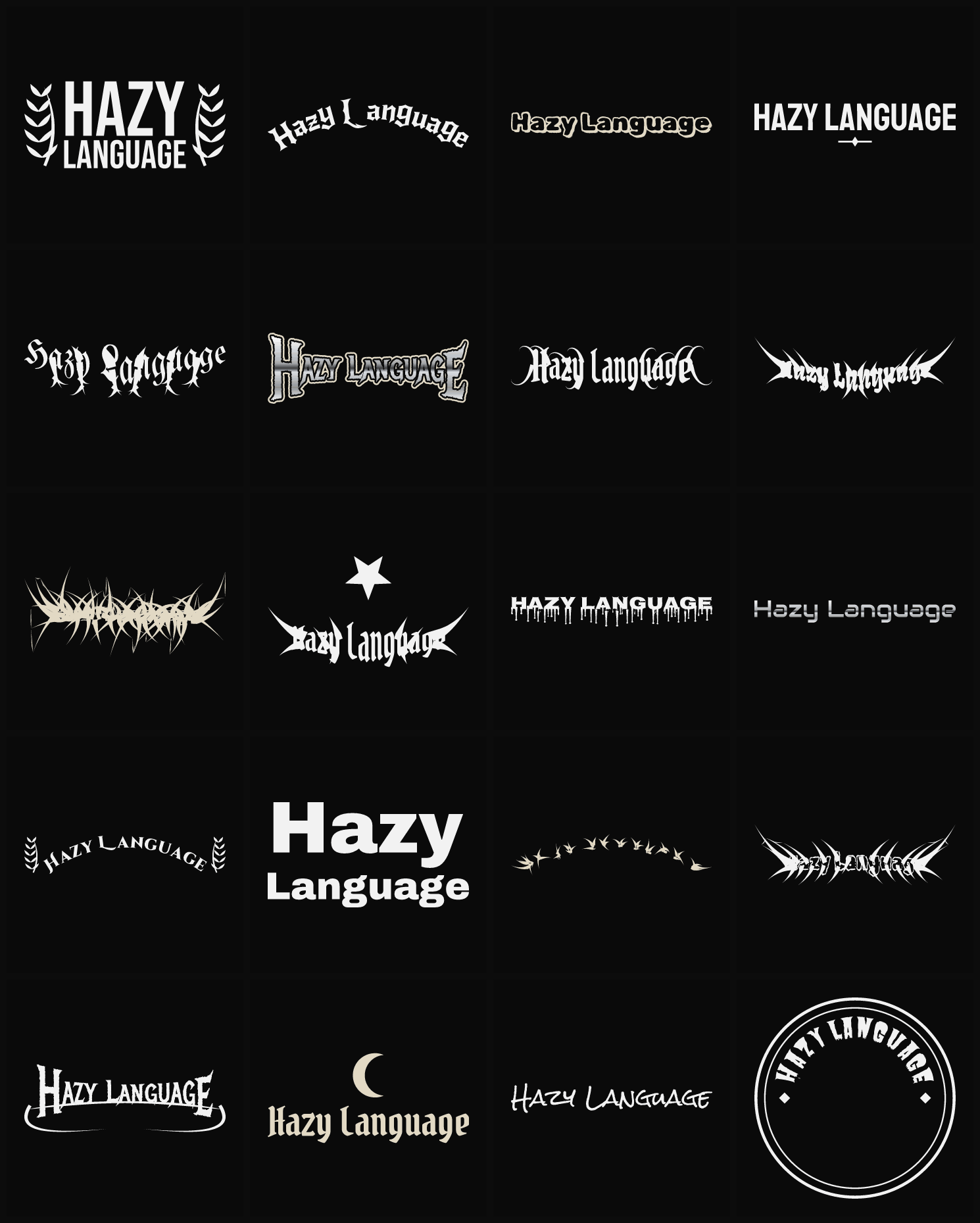 Twenty Hazy Language band logo ideas — different faces, treatments and spike settings