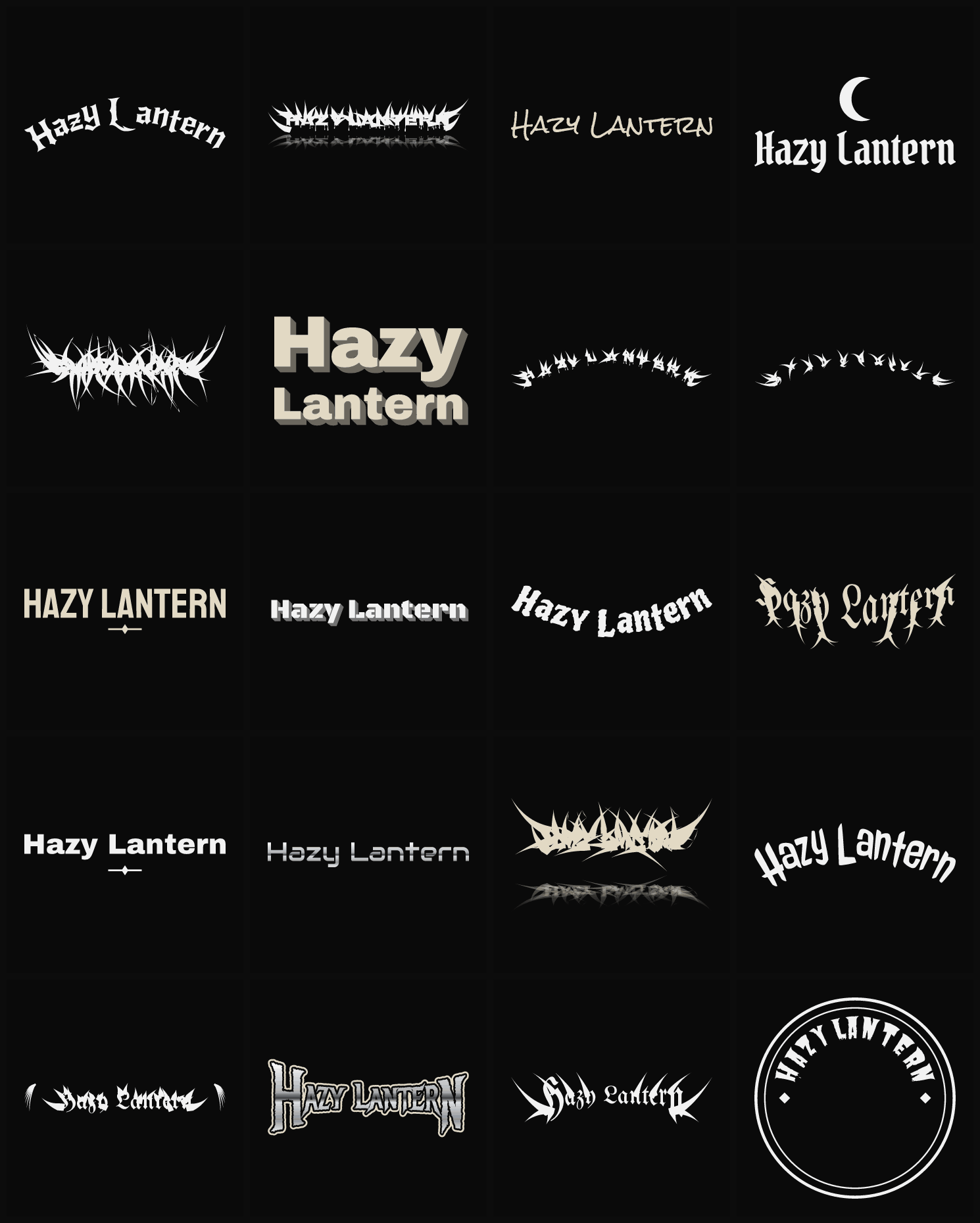 Twenty Hazy Lantern band logo ideas — different faces, treatments and spike settings