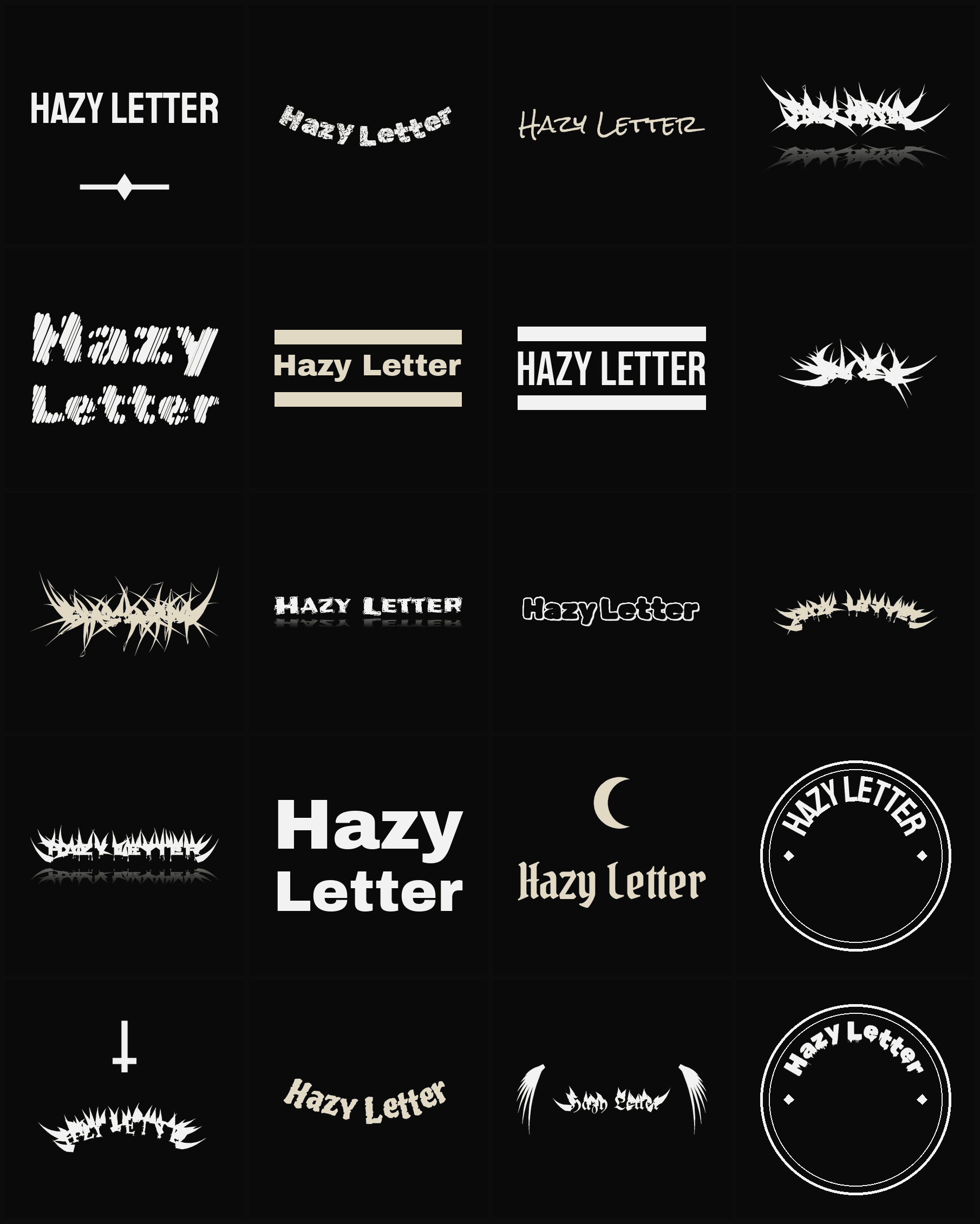 Twenty Hazy Letter band logo ideas — different faces, treatments and spike settings