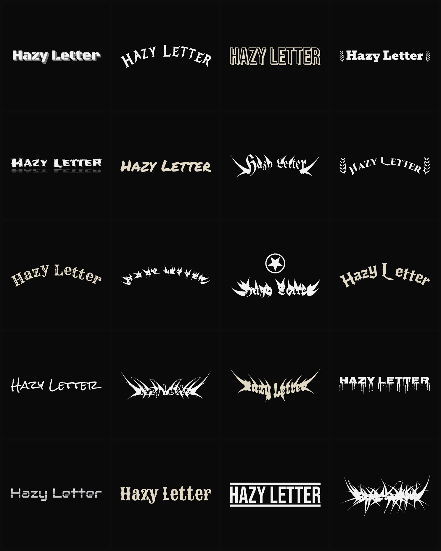 Twenty Hazy Letter band logo ideas — different faces, treatments and spike settings