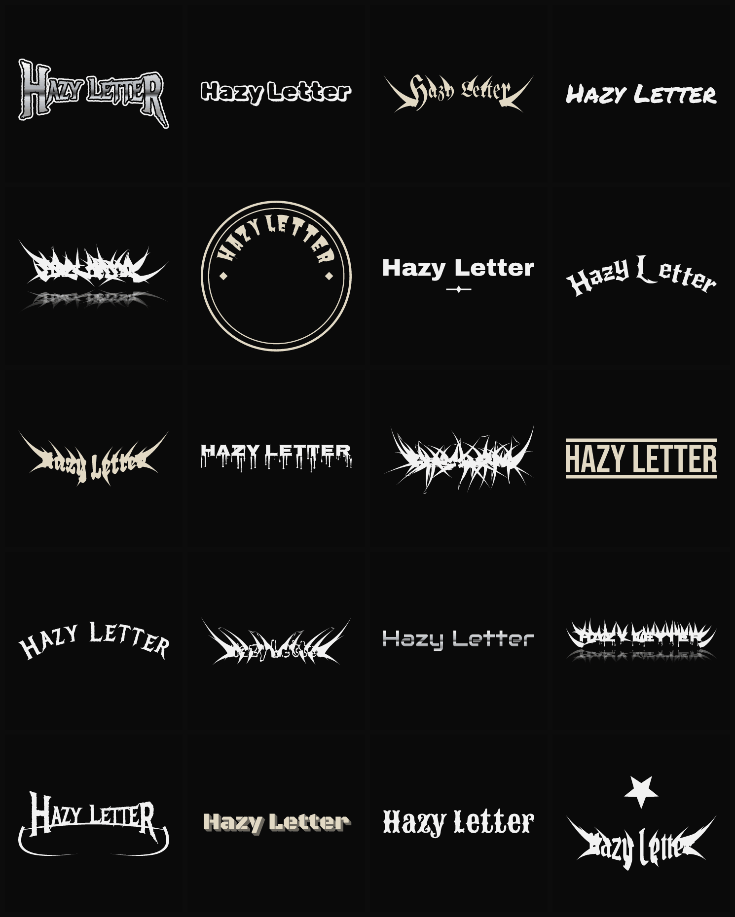 Twenty Hazy Letter band logo ideas — different faces, treatments and spike settings