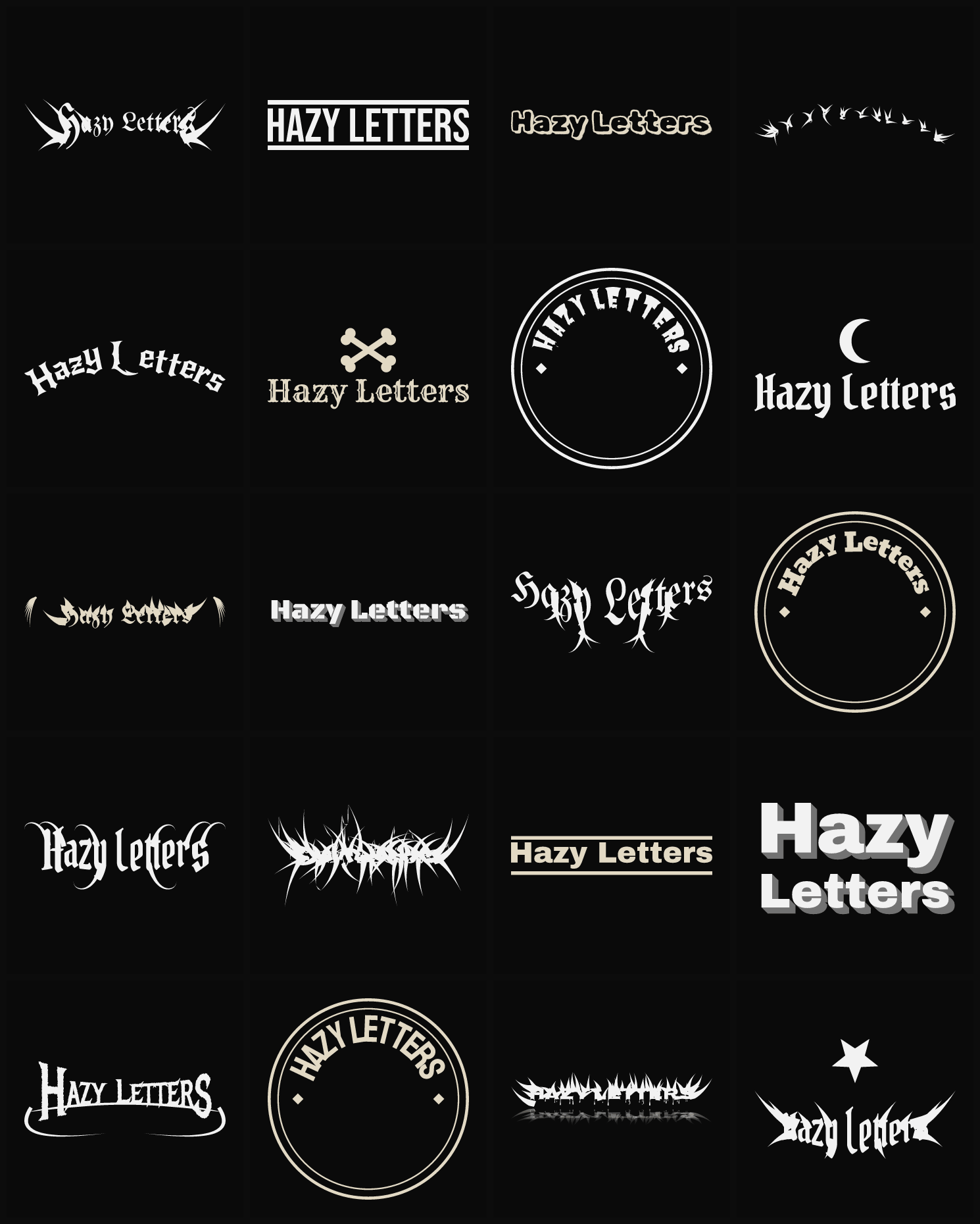 Twenty Hazy Letters band logo ideas — different faces, treatments and spike settings